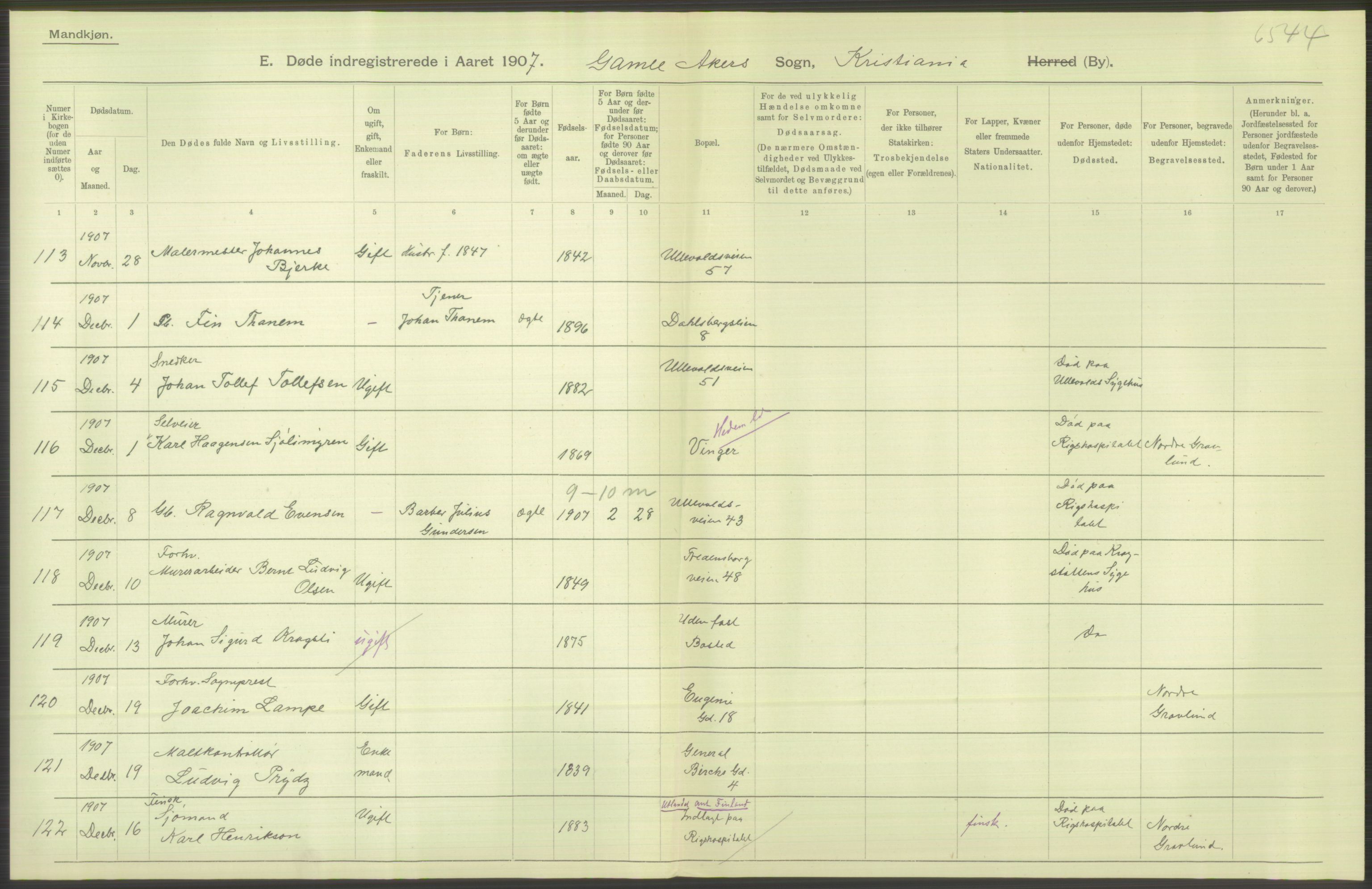 Statistisk sentralbyrå, Sosiodemografiske emner, Befolkning, AV/RA-S-2228/D/Df/Dfa/Dfae/L0010: Kristiania: Døde, dødfødte, 1907, s. 566