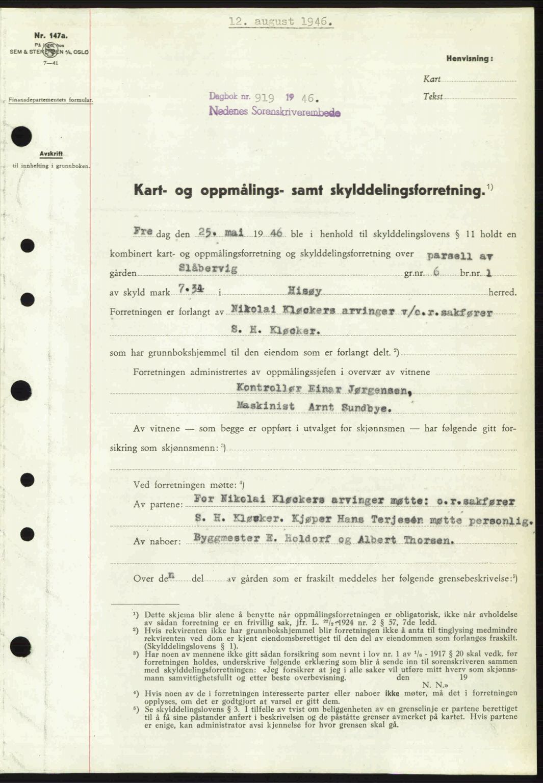 Nedenes sorenskriveri, SAK/1221-0006/G/Gb/Gba/L0055: Pantebok nr. A7, 1946-1946, Dagboknr: 919/1946