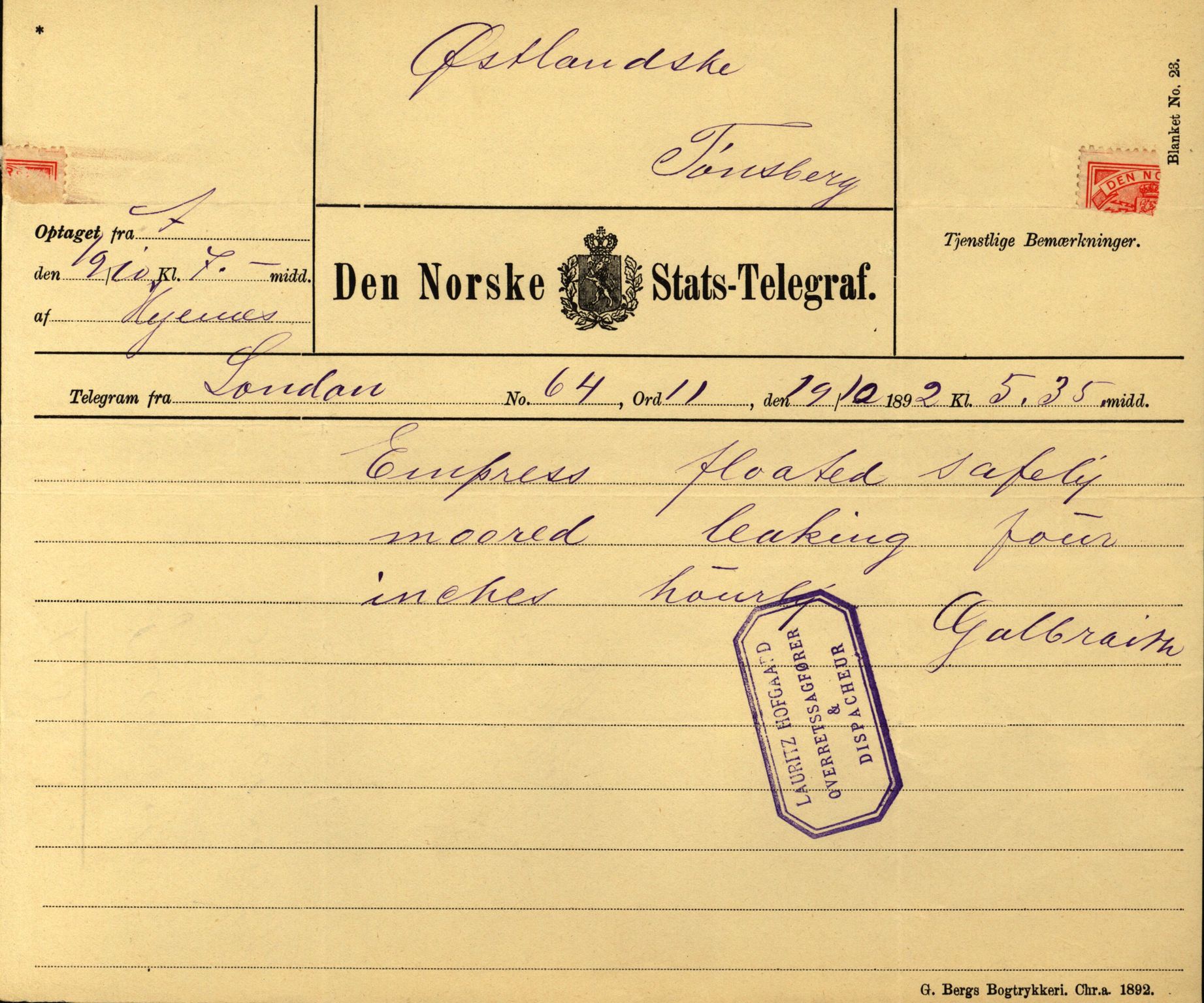 Pa 63 - Østlandske skibsassuranceforening, VEMU/A-1079/G/Ga/L0029/0005: Havaridokumenter / Empress, Else Kathrine, Elida, Vikingstad, Væni, 1892, s. 23