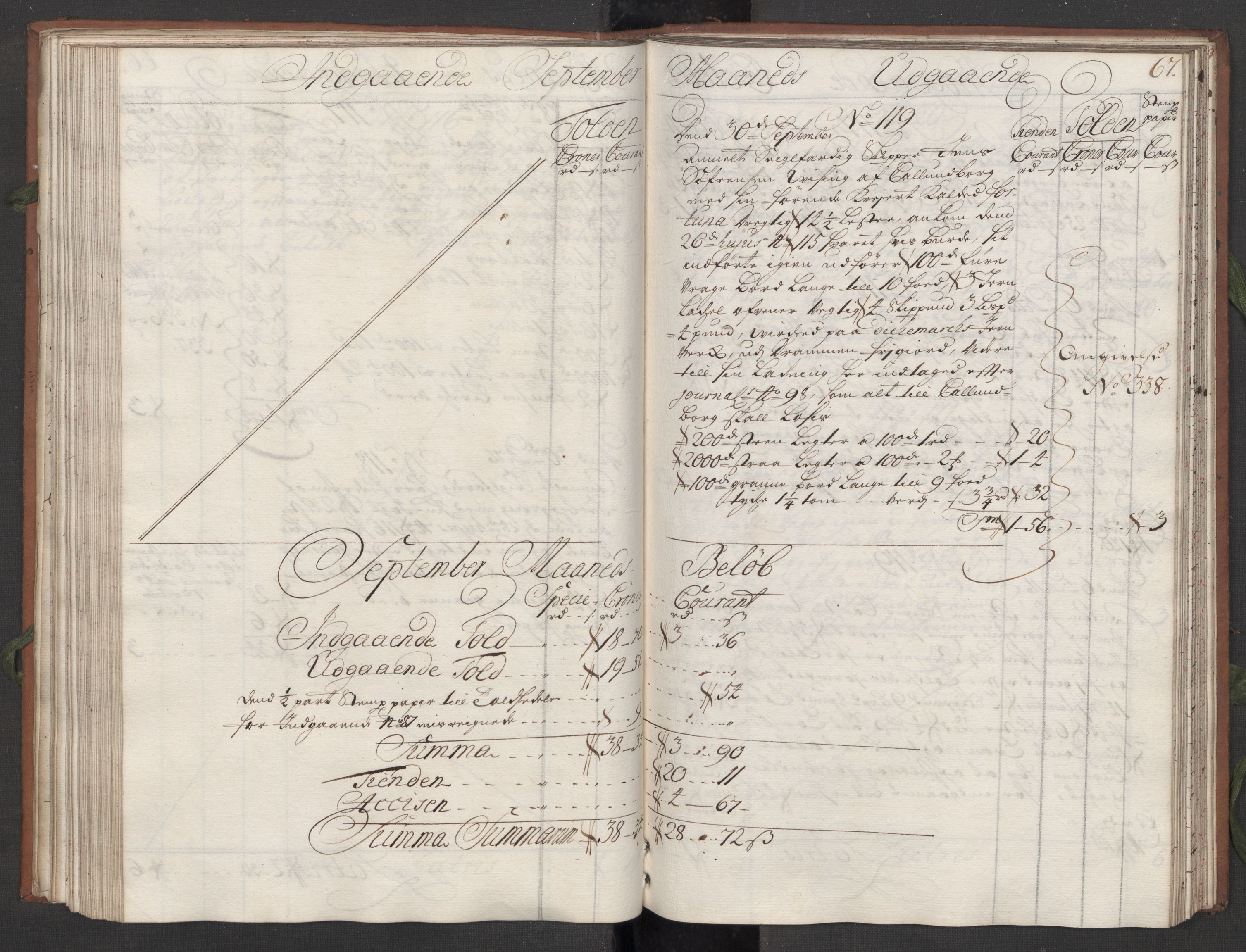 Generaltollkammeret, tollregnskaper, AV/RA-EA-5490/R09/L0008/0001: Tollregnskaper Holmestrand / Hovedtollbok, 1733, s. 66b-67a