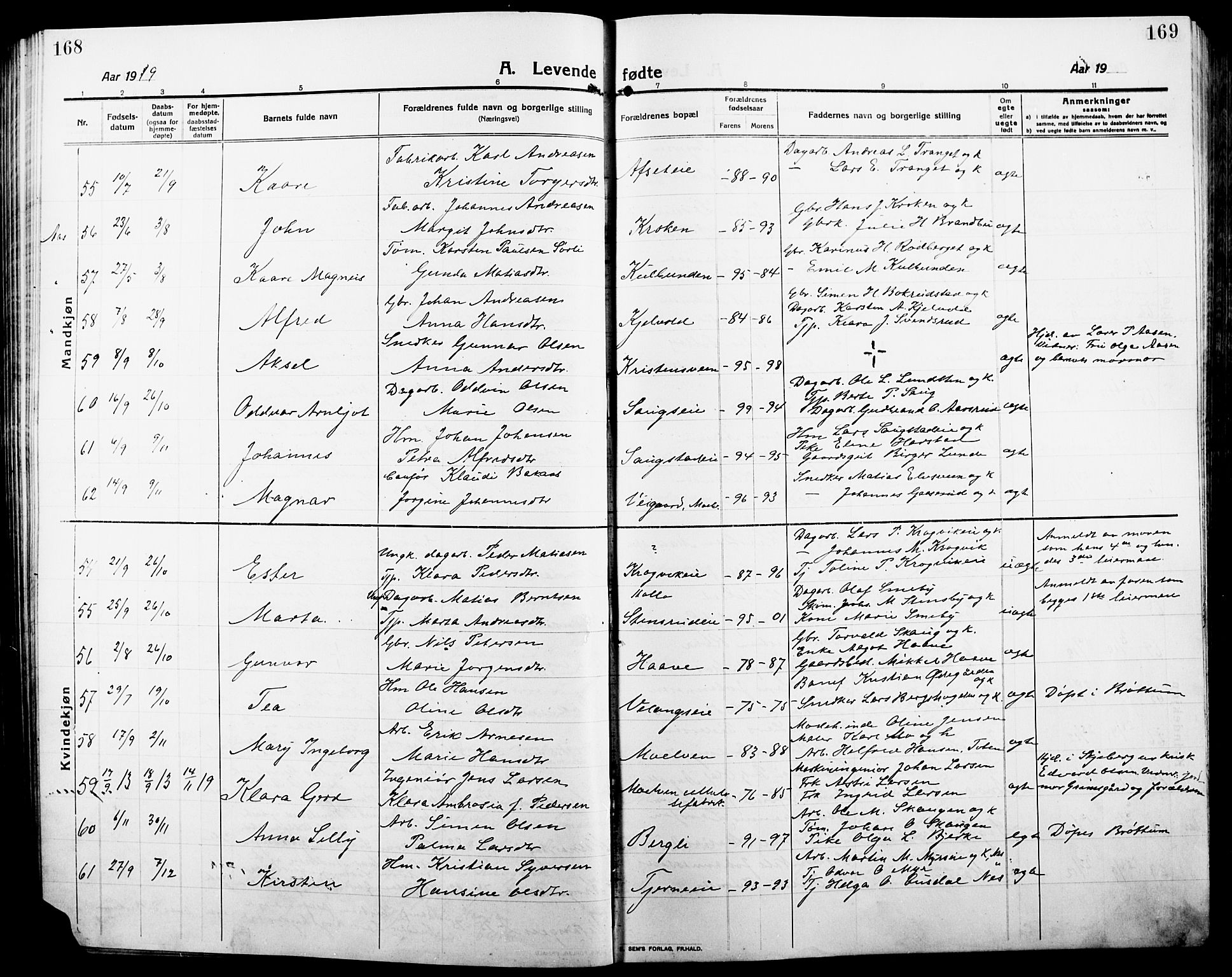 Ringsaker prestekontor, AV/SAH-PREST-014/L/La/L0018: Klokkerbok nr. 18, 1913-1922, s. 168-169