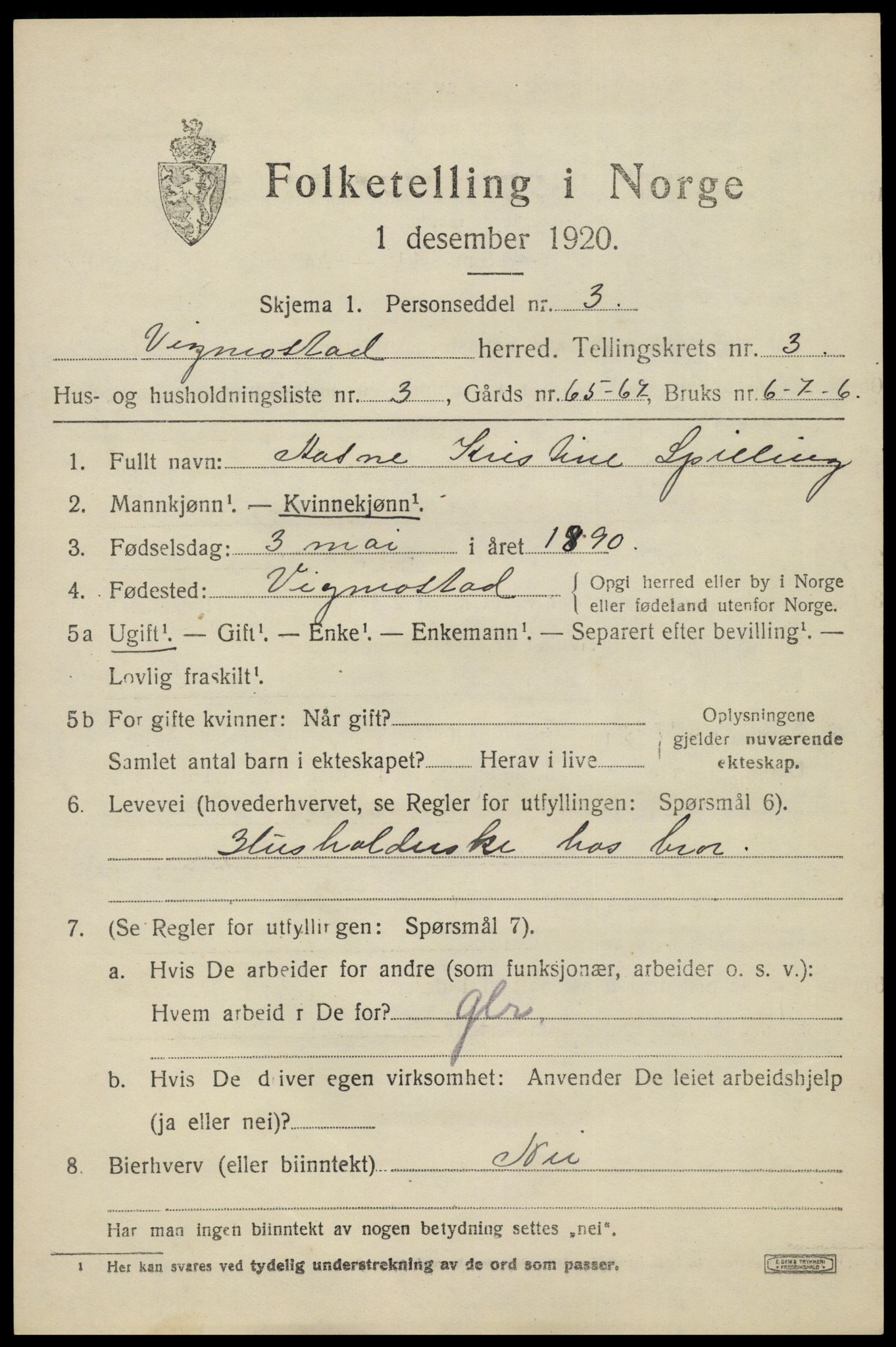 SAK, Folketelling 1920 for 1028 Vigmostad herred, 1920, s. 847