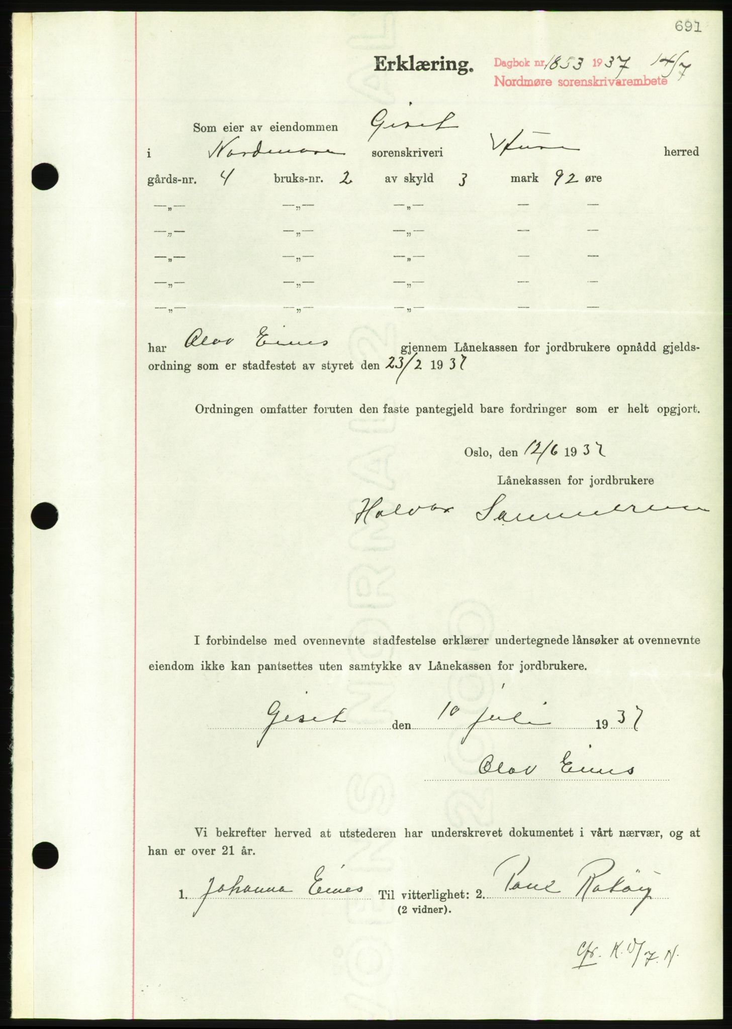 Nordmøre sorenskriveri, AV/SAT-A-4132/1/2/2Ca/L0091: Pantebok nr. B81, 1937-1937, Dagboknr: 1853/1937