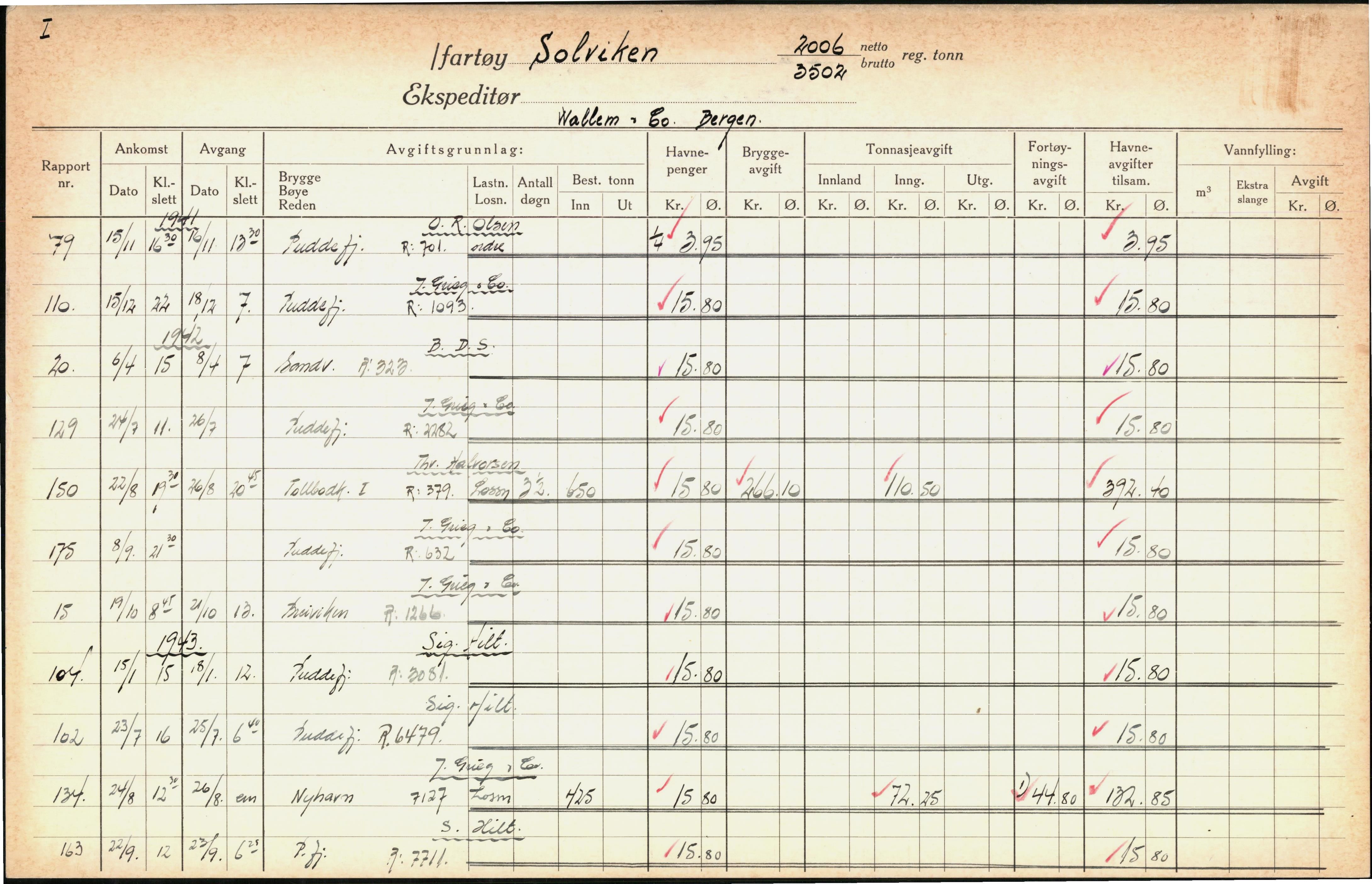 Bergen kommune. Havnekontor/havnefogd, BBA/A-0742/H/Ha/Hac/L0052: Skipsregister Solveig-Stavos, 1941-1975