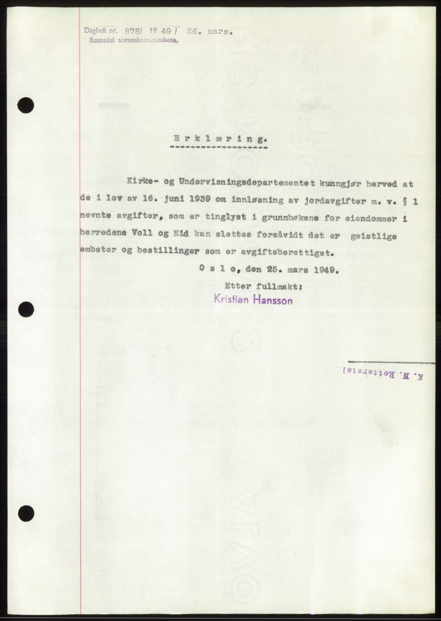 Romsdal sorenskriveri, SAT/A-4149/1/2/2C: Pantebok nr. B4, 1948-1949, Dagboknr: 878/1949
