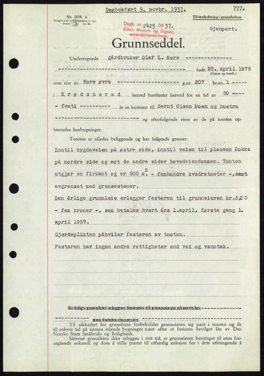 Eiker, Modum og Sigdal sorenskriveri, SAKO/A-123/G/Ga/Gab/L0036: Pantebok nr. A6, 1937-1937, Dagboknr: 2425/1937