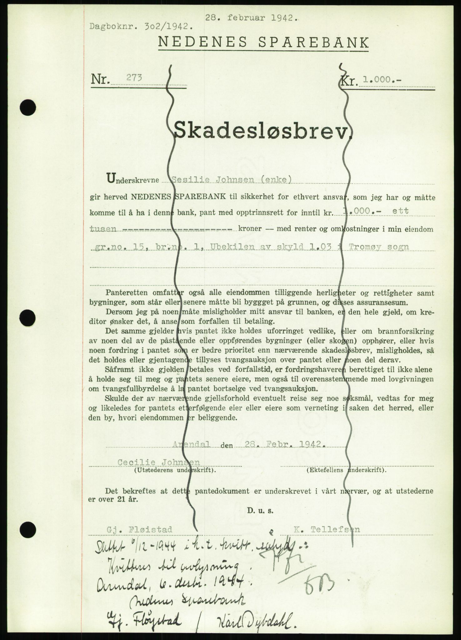 Nedenes sorenskriveri, SAK/1221-0006/G/Gb/Gbb/L0001: Pantebok nr. I, 1939-1942, Dagboknr: 302/1942