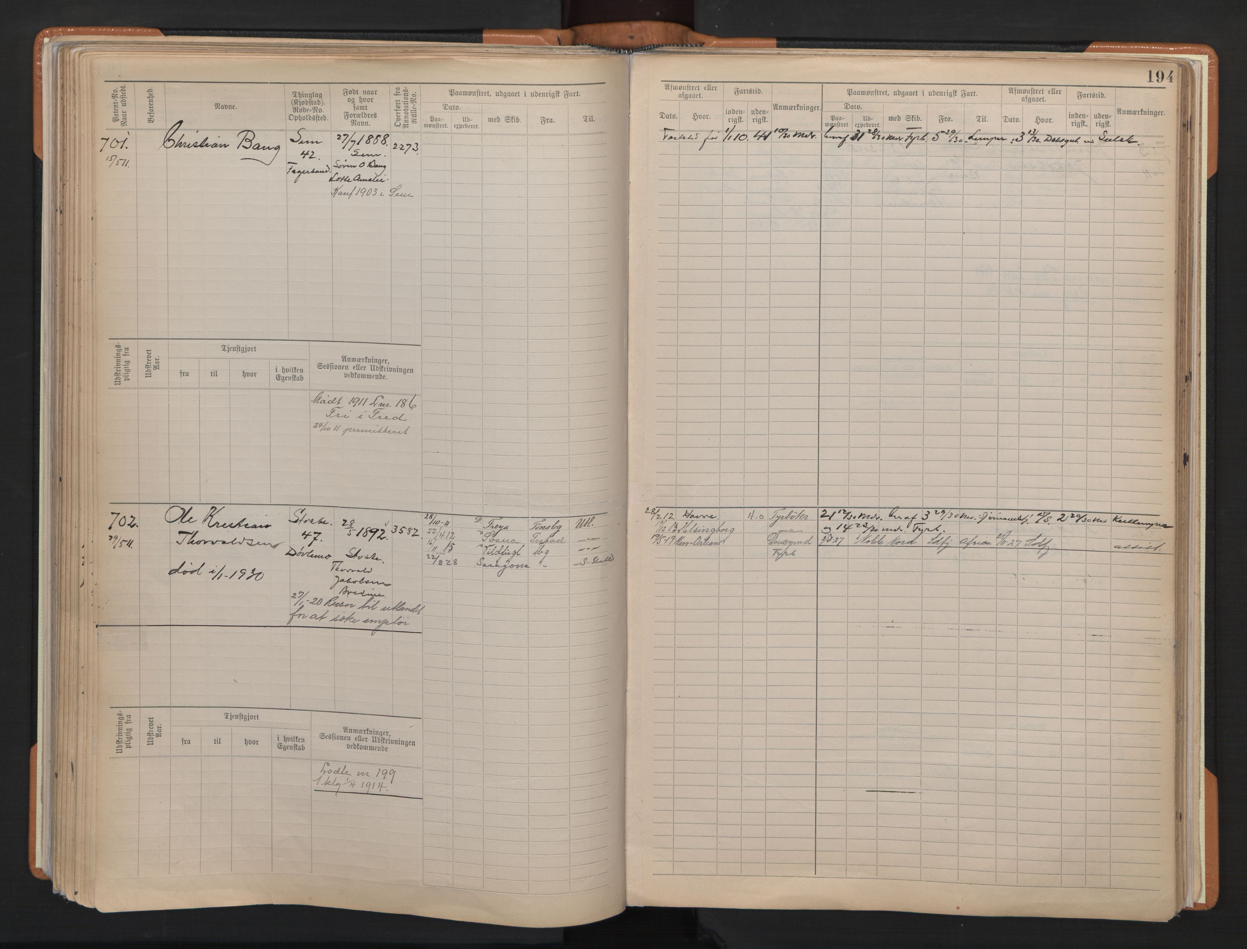 Tønsberg innrulleringskontor, AV/SAKO-A-786/F/Fe/L0004: Maskinist- og fyrbøterrulle Patent nr. 315-1079, 1902-1922, s. 194