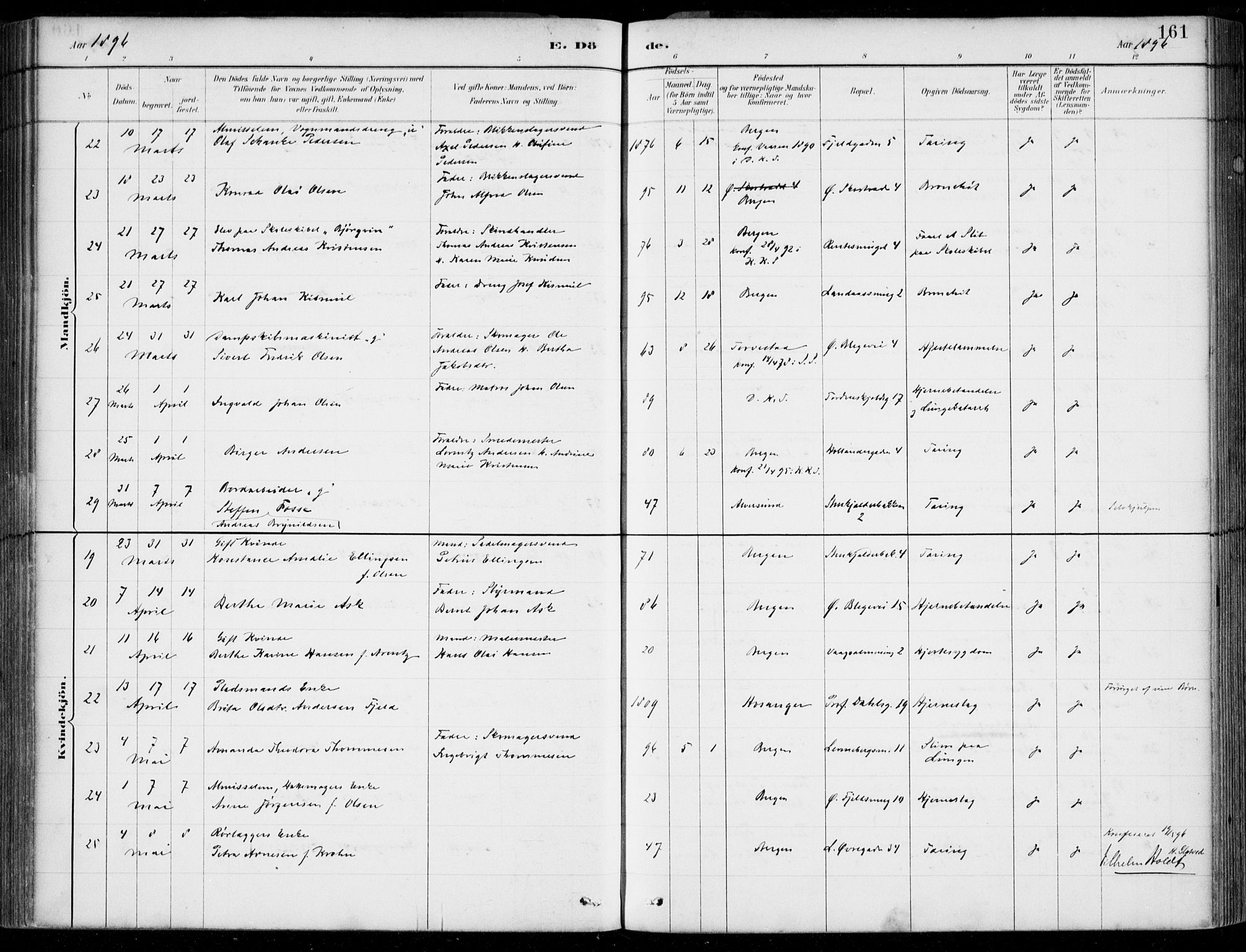 Korskirken sokneprestembete, AV/SAB-A-76101/H/Hab: Klokkerbok nr. E 4, 1884-1910, s. 161