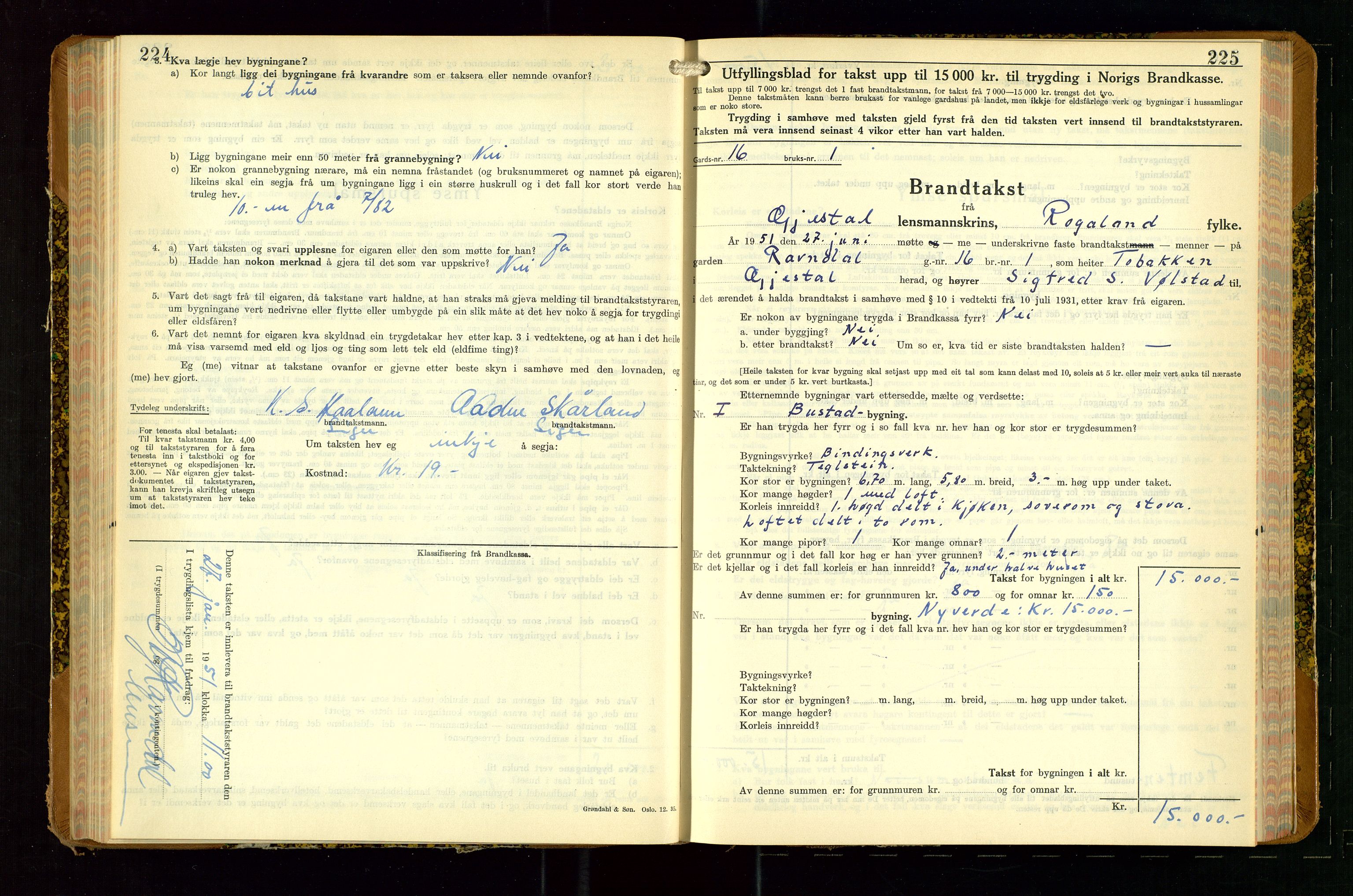 Gjesdal lensmannskontor, AV/SAST-A-100441/Go/L0008: Branntakstskjemaprotokoll, 1937-1955, s. 224-225