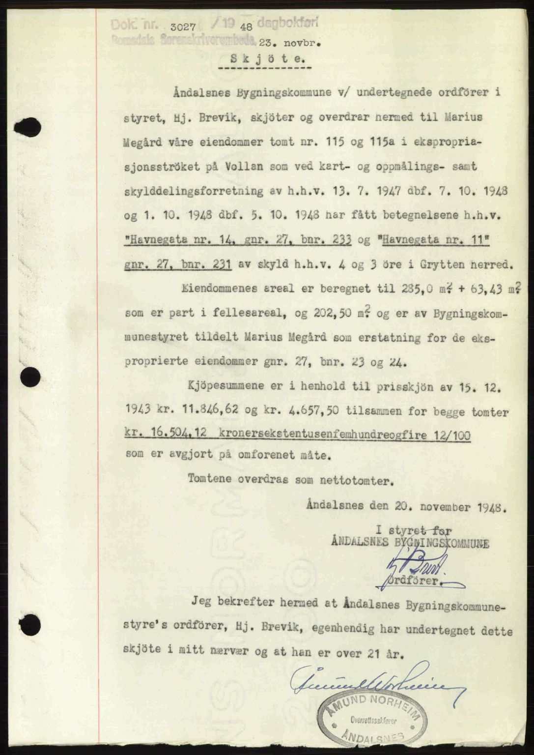 Romsdal sorenskriveri, SAT/A-4149/1/2/2C: Pantebok nr. A27, 1948-1948, Dagboknr: 3027/1948