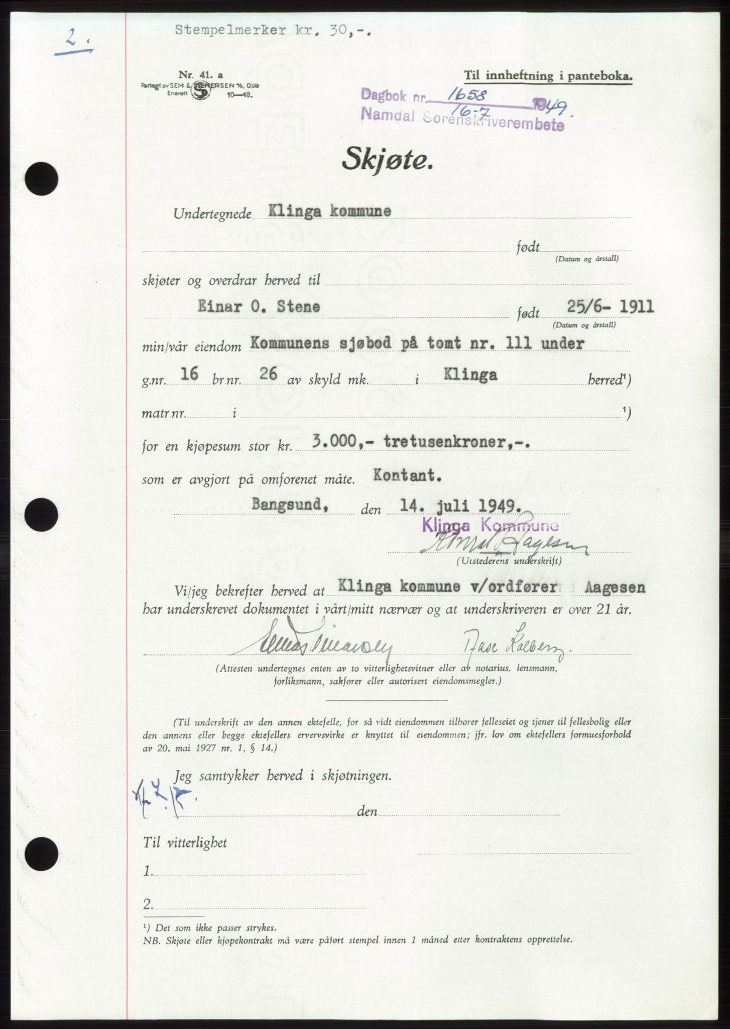 Namdal sorenskriveri, SAT/A-4133/1/2/2C: Pantebok nr. -, 1949-1949, Dagboknr: 1658/1949