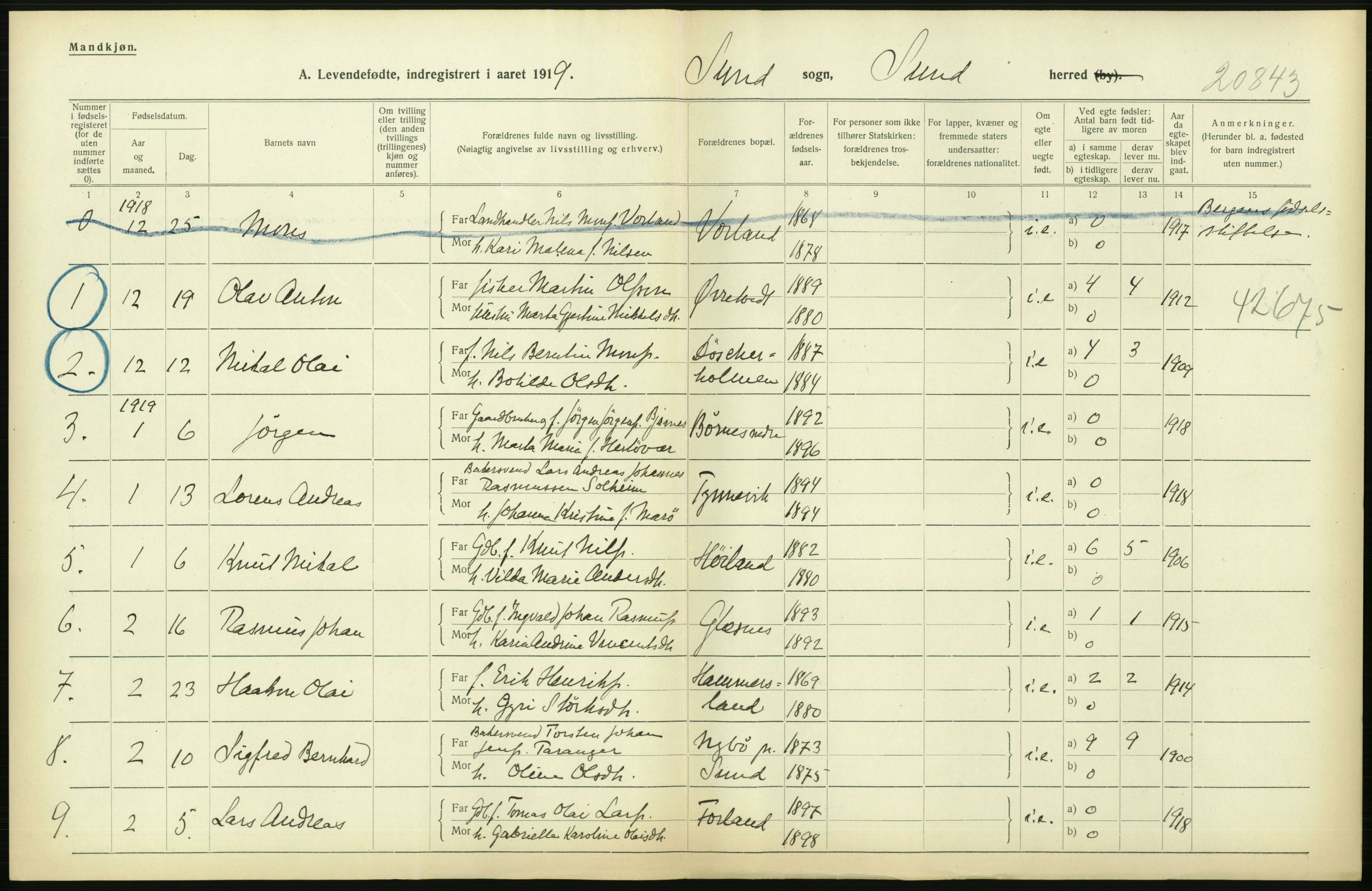 Statistisk sentralbyrå, Sosiodemografiske emner, Befolkning, RA/S-2228/D/Df/Dfb/Dfbi/L0031: Hordaland fylke: Levendefødte menn og kvinner. Bygder., 1919, s. 226