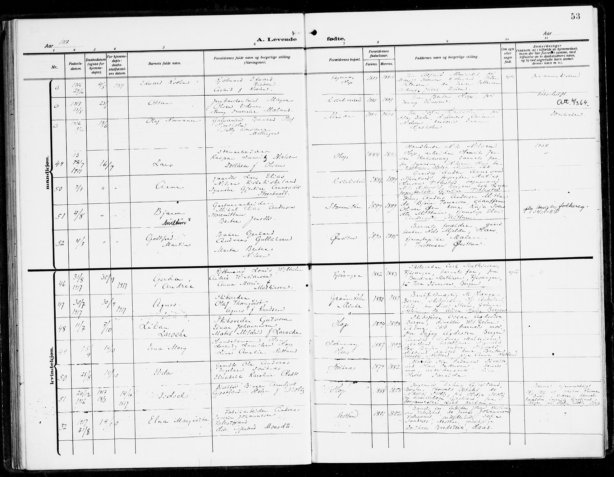 Fana Sokneprestembete, AV/SAB-A-75101/H/Haa/Haai/L0004: Ministerialbok nr. I 4, 1912-1933, s. 53