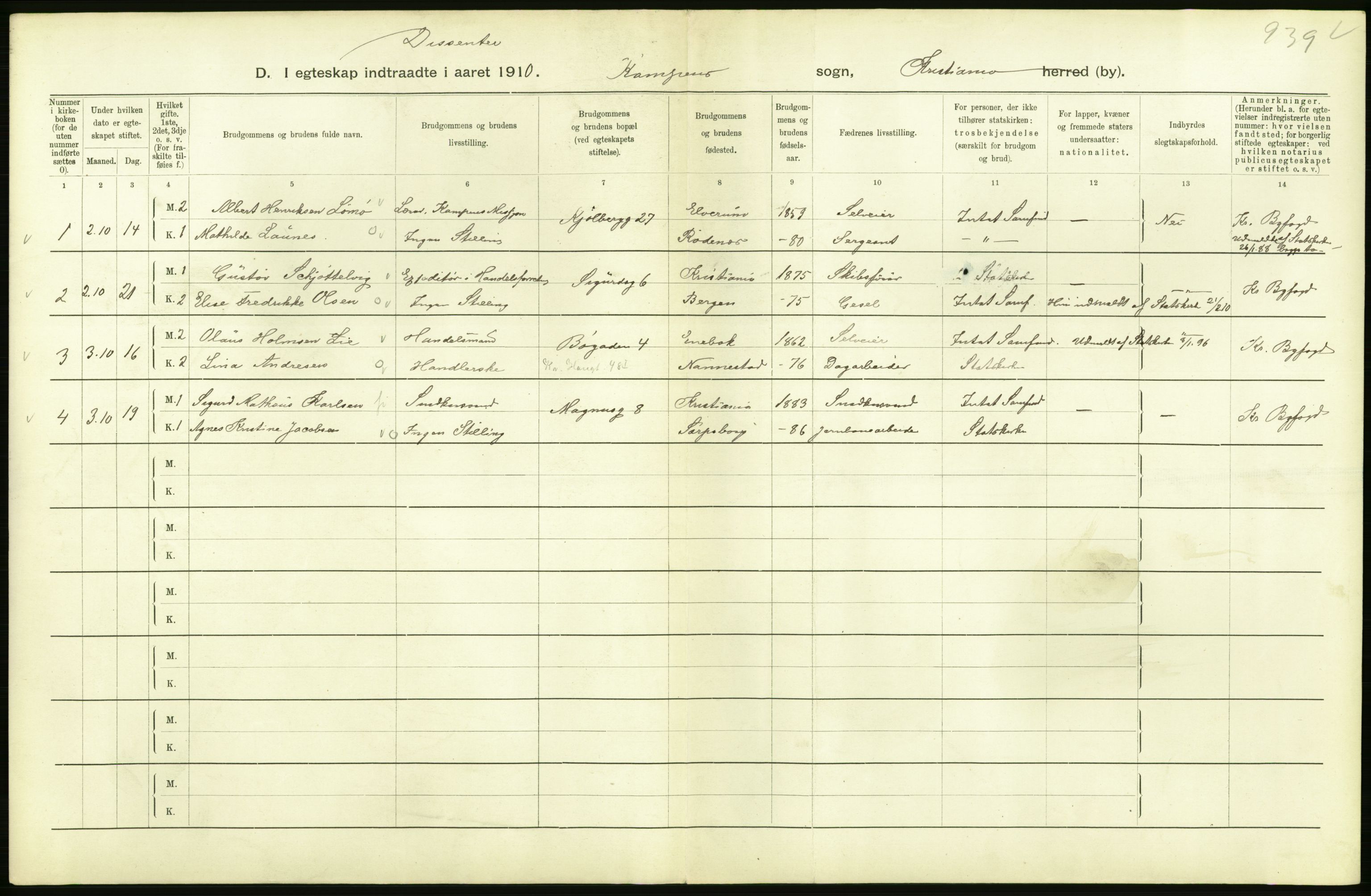 Statistisk sentralbyrå, Sosiodemografiske emner, Befolkning, AV/RA-S-2228/D/Df/Dfa/Dfah/L0009: Kristiania: Gifte og dødfødte., 1910, s. 136