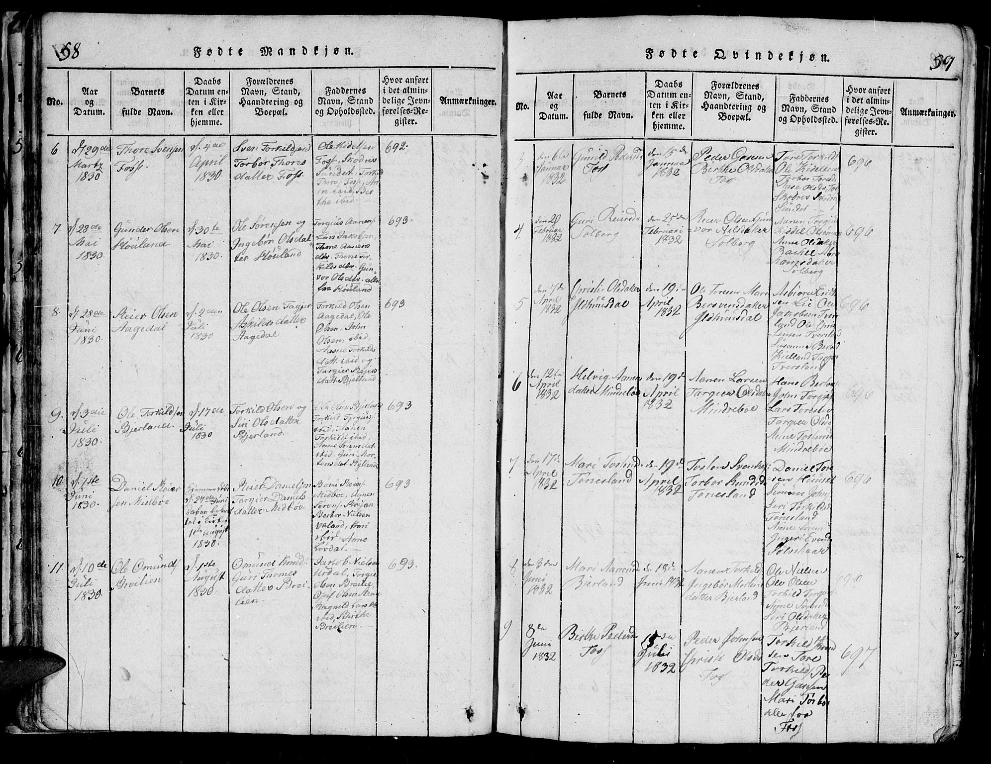 Bjelland sokneprestkontor, AV/SAK-1111-0005/F/Fb/Fba/L0003: Klokkerbok nr. B 3, 1816-1870, s. 58-59