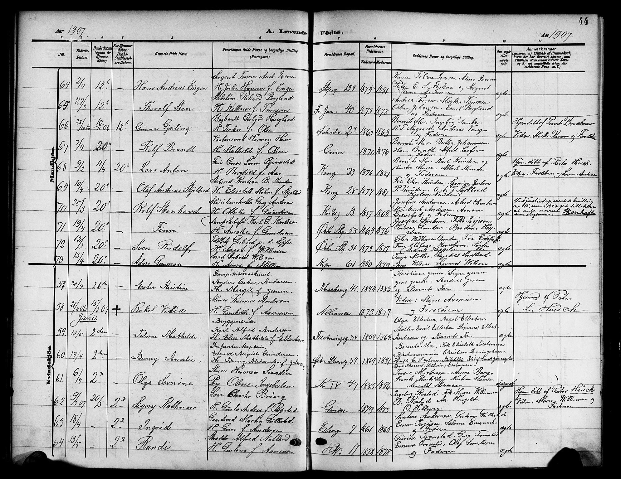Kristiansand domprosti, AV/SAK-1112-0006/F/Fb/L0019: Klokkerbok nr. B 19, 1905-1914, s. 44