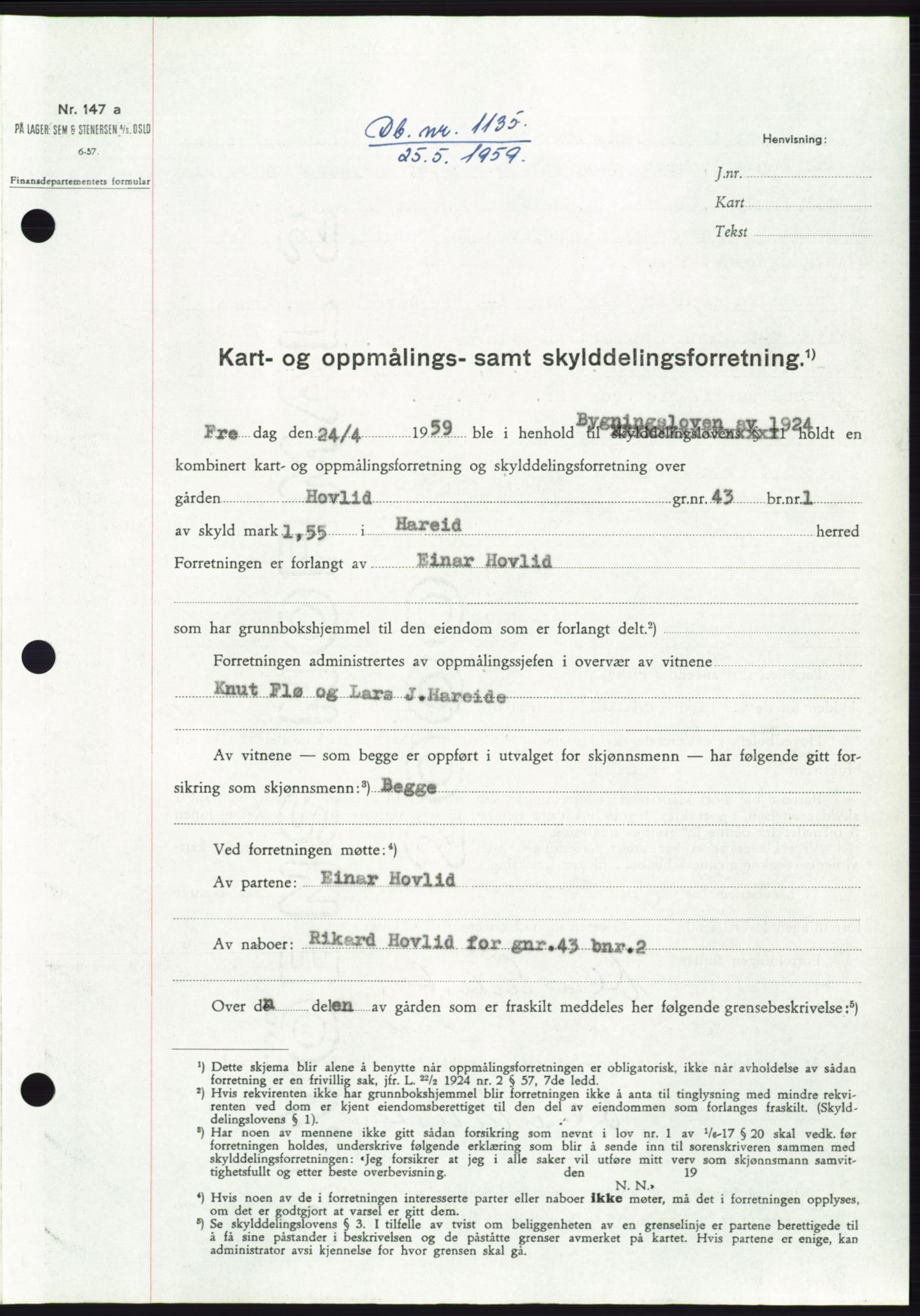 Søre Sunnmøre sorenskriveri, SAT/A-4122/1/2/2C/L0112: Pantebok nr. 38A, 1959-1959, Dagboknr: 1135/1959