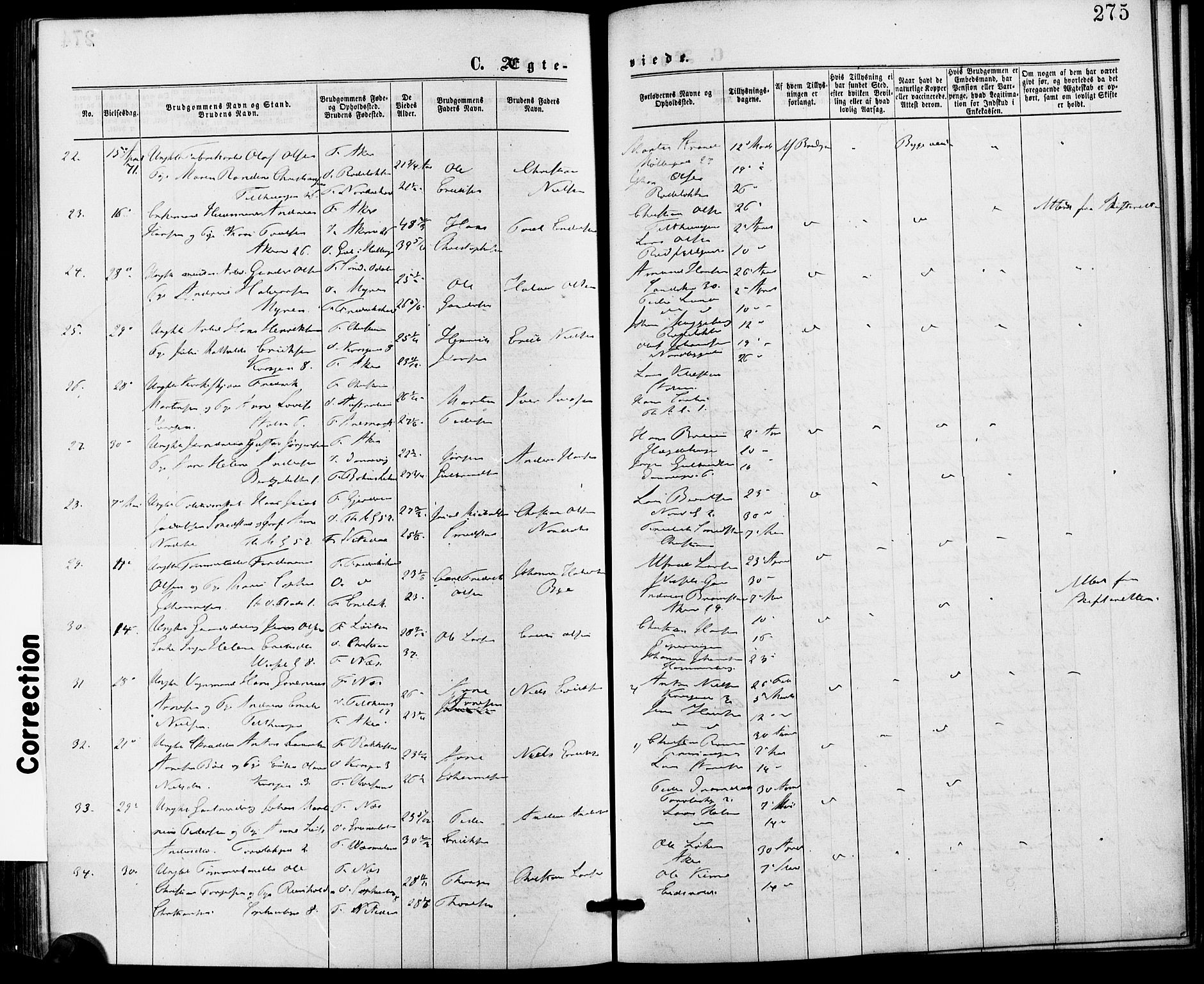 Gamle Aker prestekontor Kirkebøker, AV/SAO-A-10617a/G/L0003: Klokkerbok nr. 3, 1869-1874, s. 275