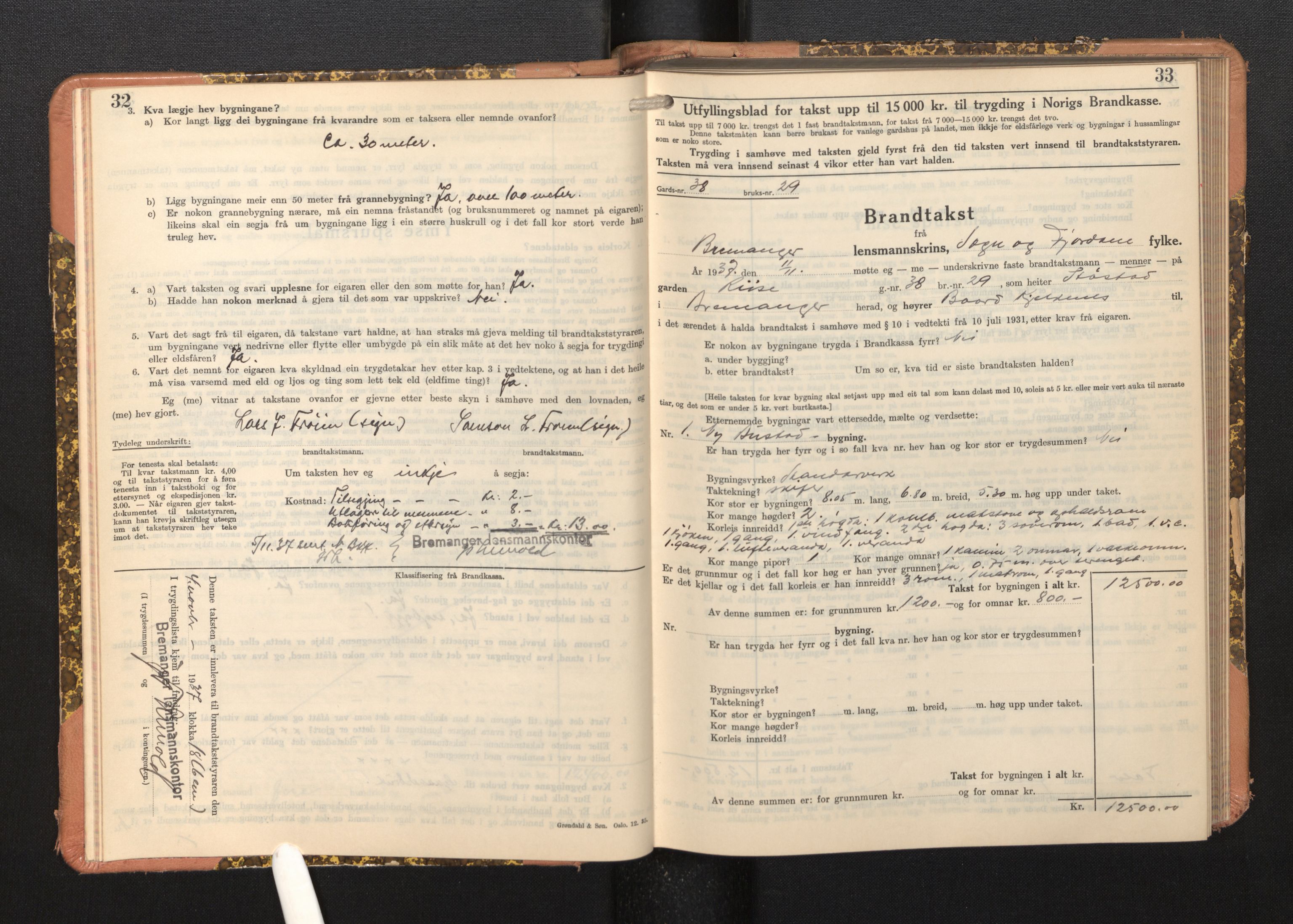 Lensmannen i Bremanger, AV/SAB-A-26701/0012/L0008: Branntakstprotokoll, skjematakst, 1937-1942, s. 32-33