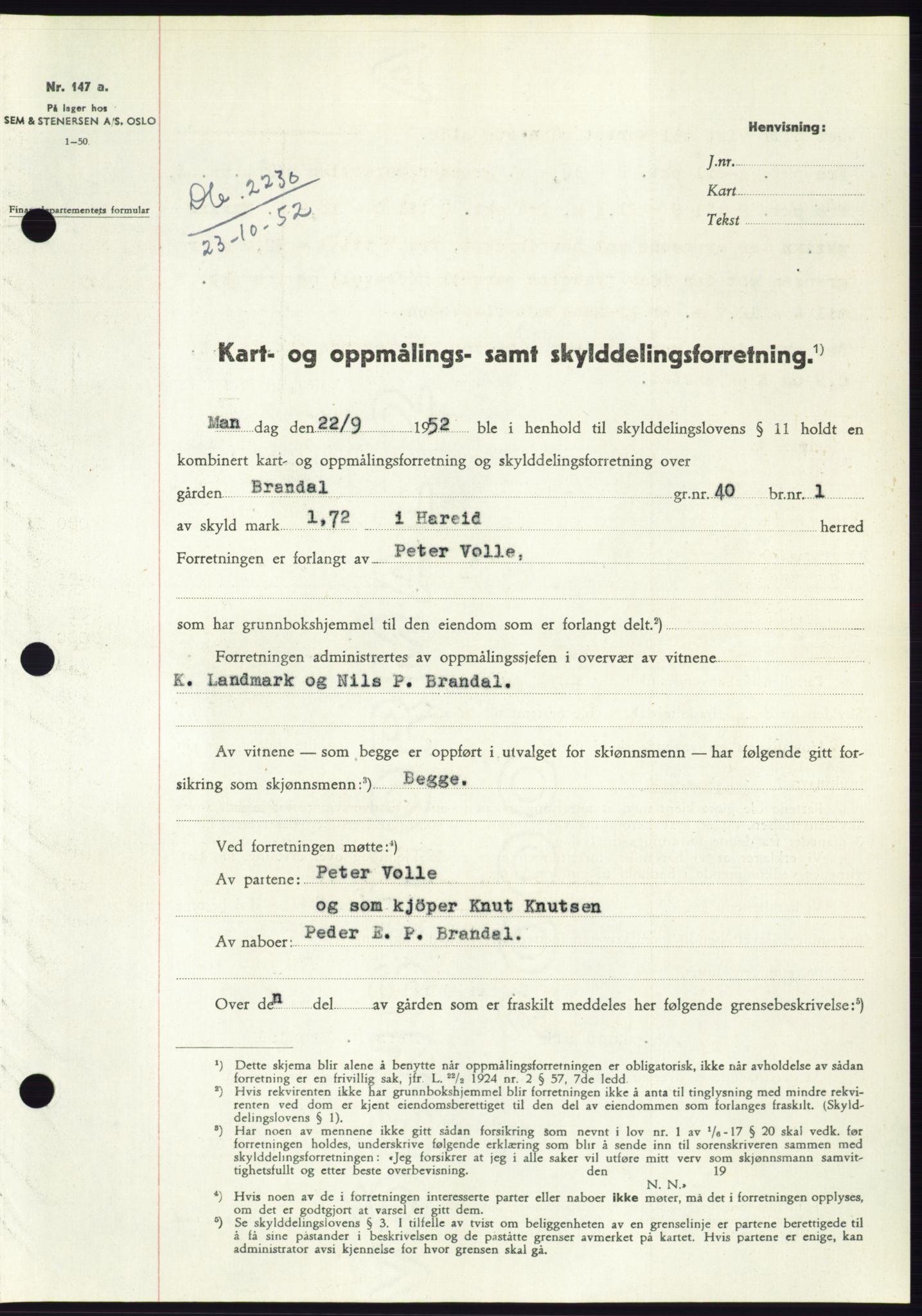 Søre Sunnmøre sorenskriveri, SAT/A-4122/1/2/2C/L0093: Pantebok nr. 19A, 1952-1953, Dagboknr: 2230/1952