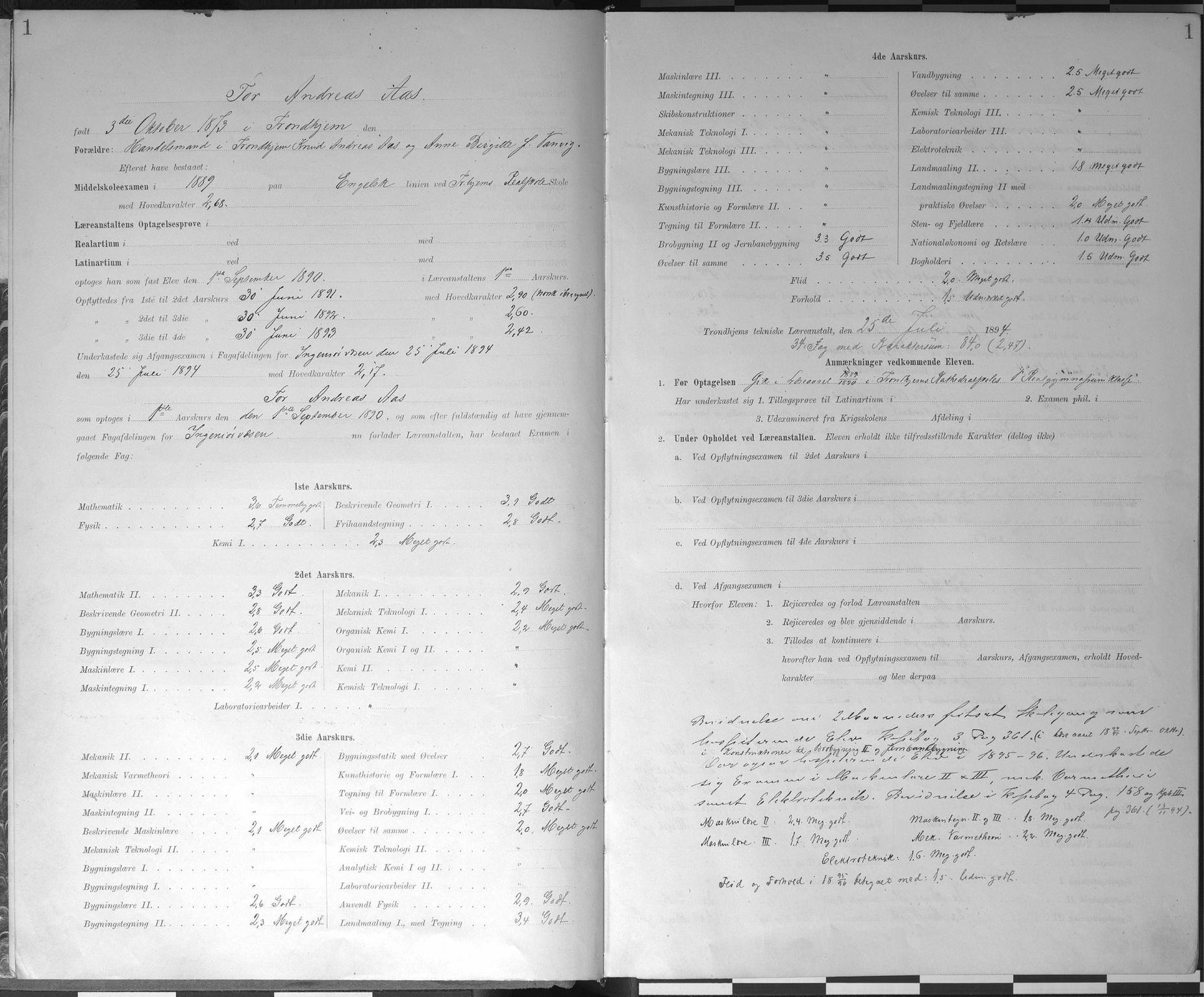 Trondhjems tekniske læreanstalt, AV/SAT-A-1622/G/Ga/L0047: Karakterprotokoll, faste elever, 1890-1899