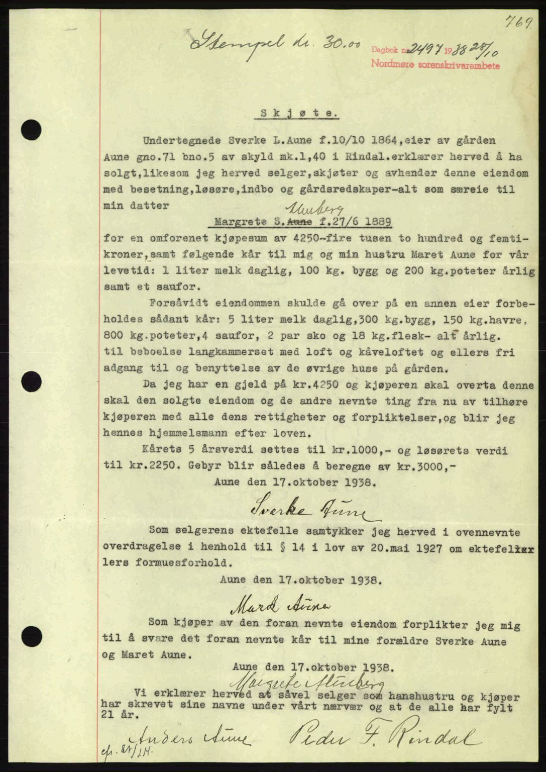 Nordmøre sorenskriveri, SAT/A-4132/1/2/2Ca: Pantebok nr. A84, 1938-1938, Dagboknr: 2497/1938