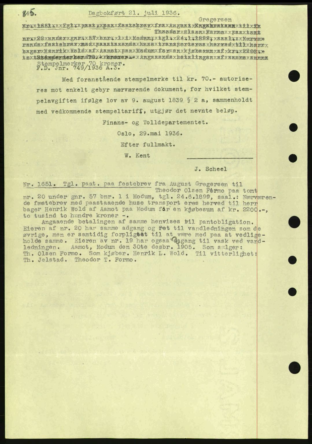Eiker, Modum og Sigdal sorenskriveri, SAKO/A-123/G/Ga/Gab/L0032: Pantebok nr. A2, 1936-1936, Dagboknr: 1651/1936