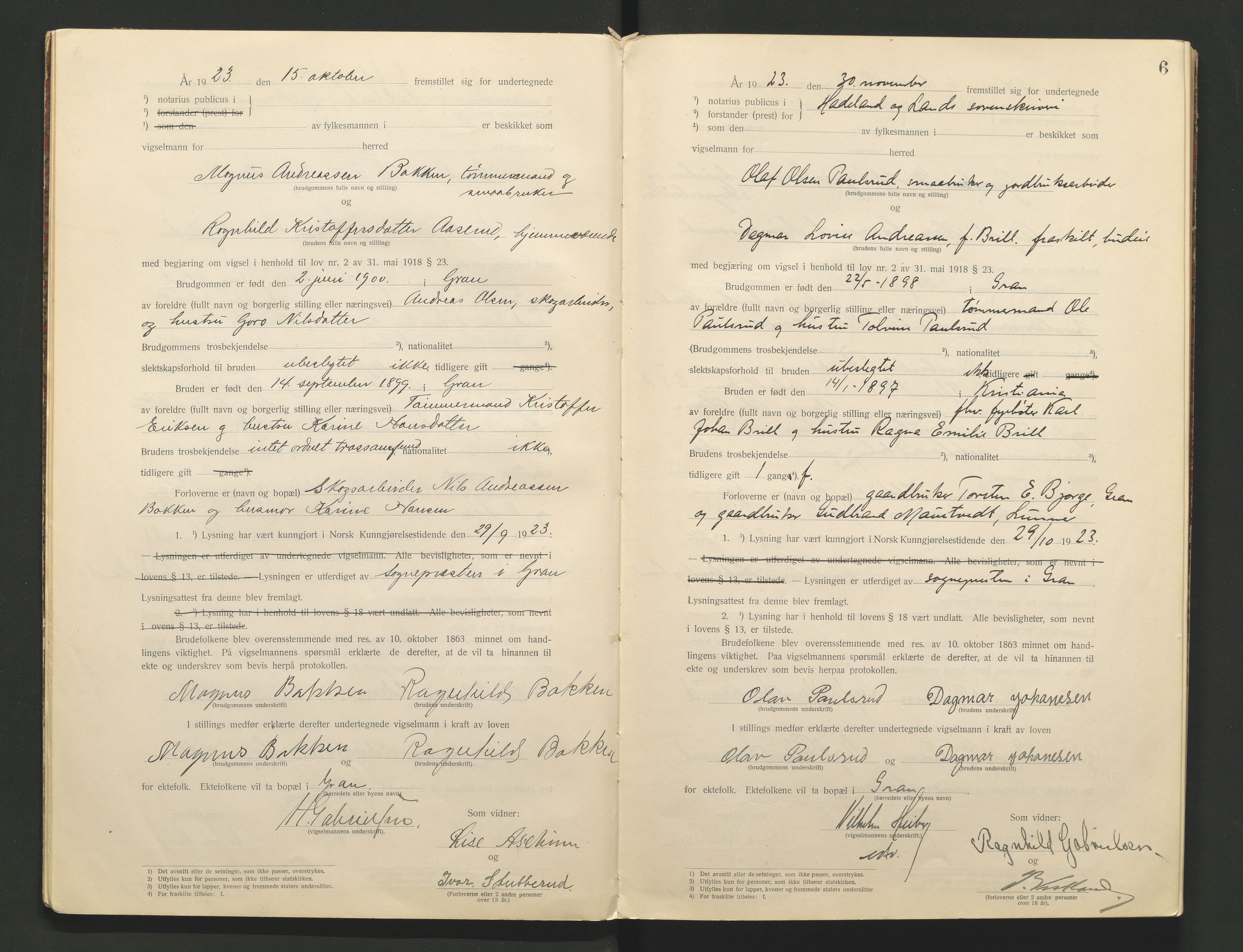 Hadeland og Land tingrett, AV/SAH-TING-010/L/Lb/L0001: Vigselbok, 1920-1943, s. 6
