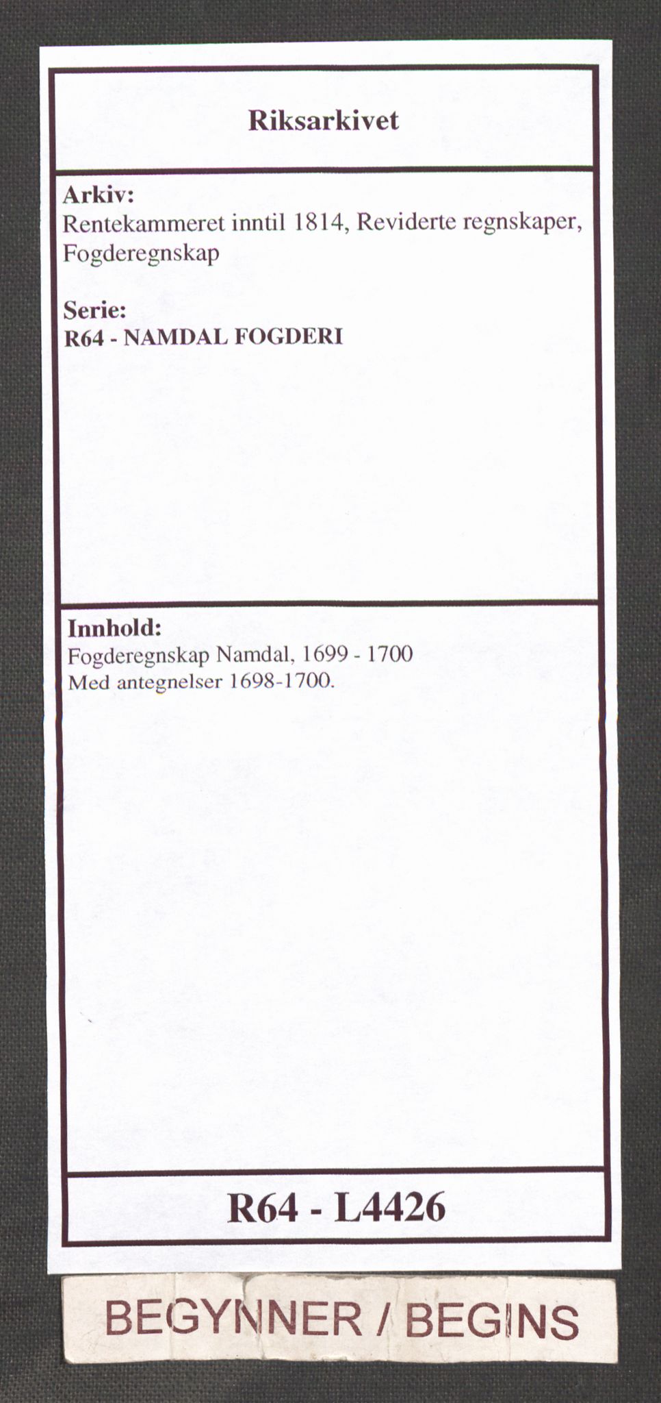 Rentekammeret inntil 1814, Reviderte regnskaper, Fogderegnskap, RA/EA-4092/R64/L4426: Fogderegnskap Namdal, 1699-1700, s. 1