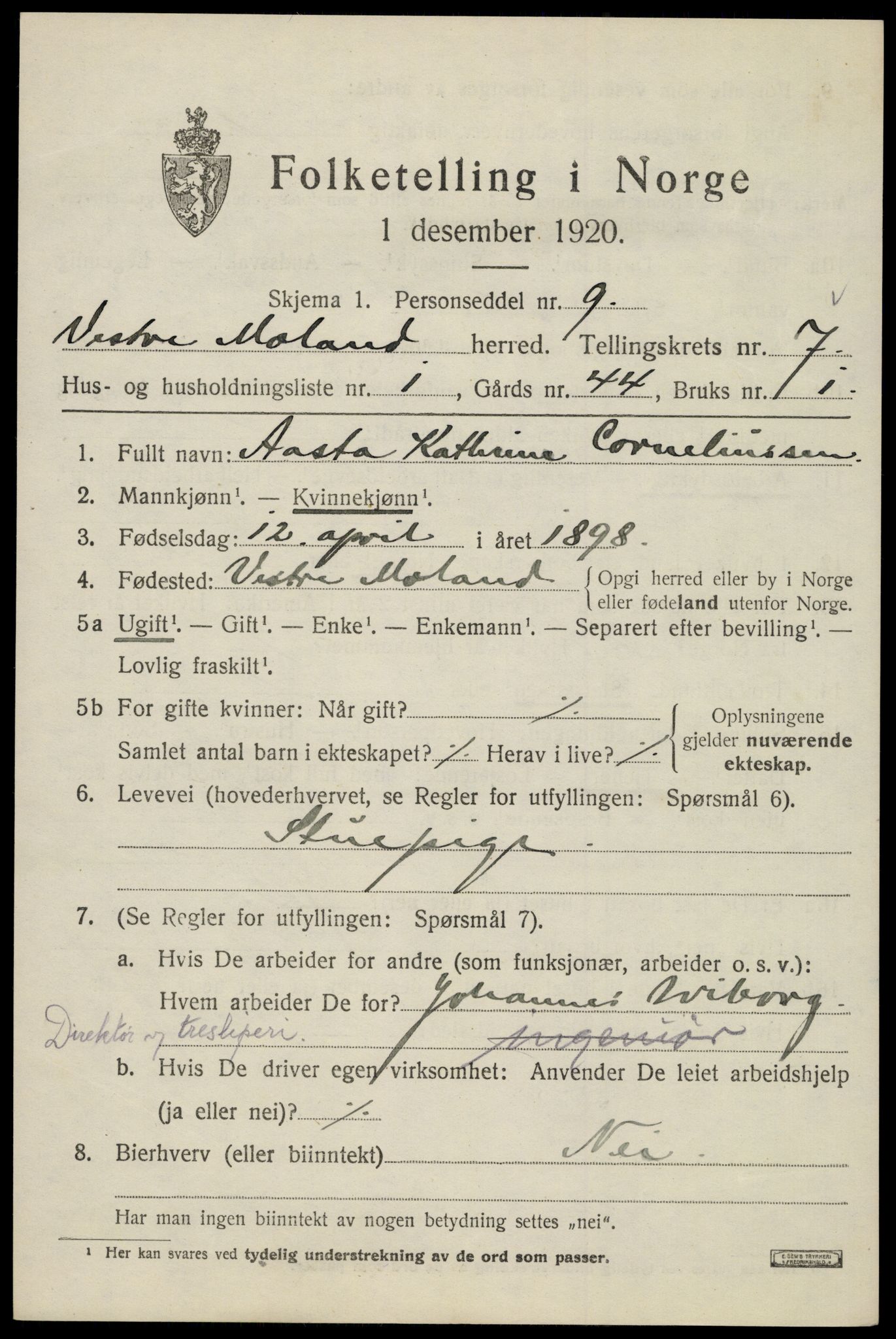 SAK, Folketelling 1920 for 0926 Vestre Moland herred, 1920, s. 4785