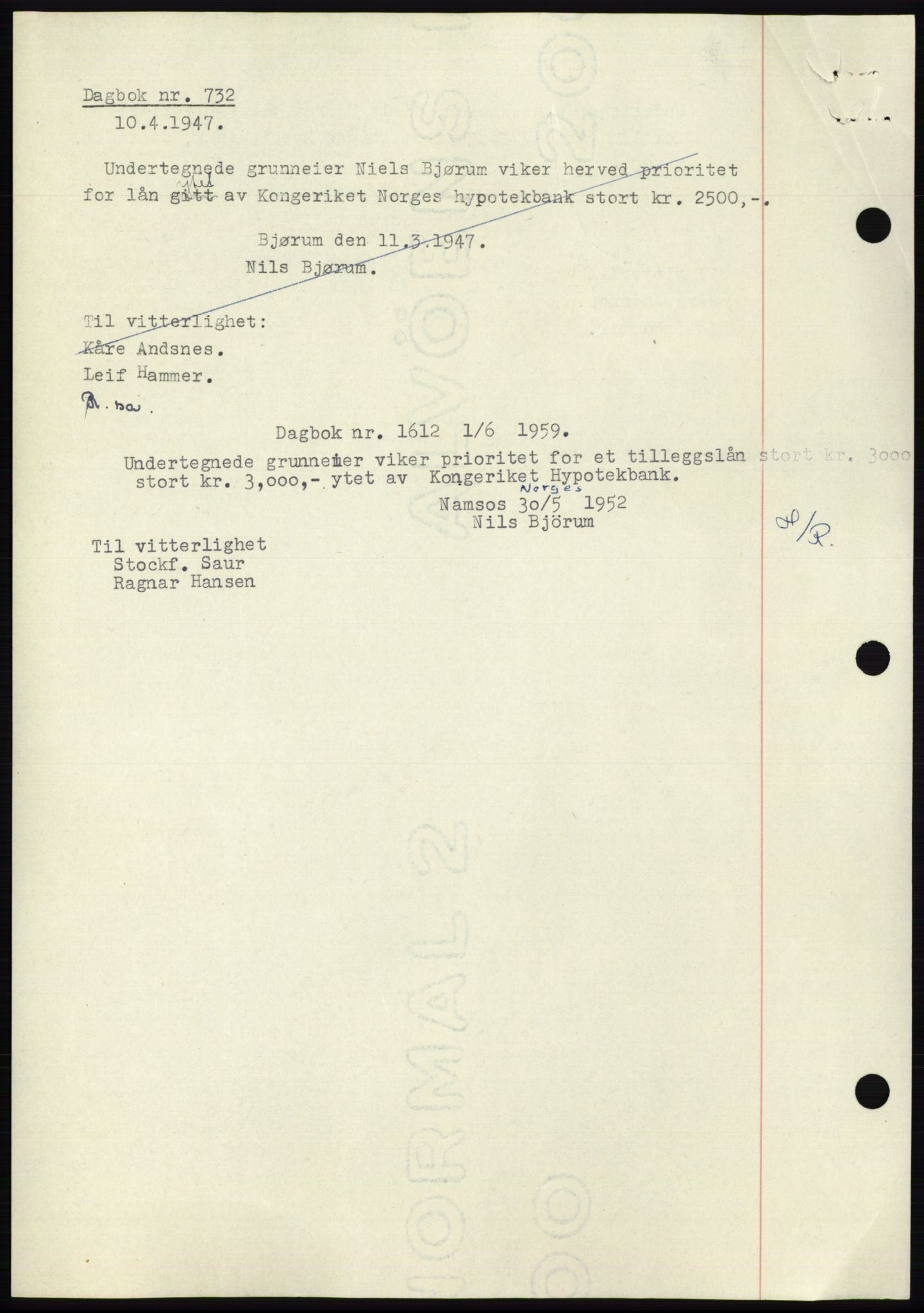 Namdal sorenskriveri, SAT/A-4133/1/2/2C: Pantebok nr. -, 1947-1947, Dagboknr: 732/1947