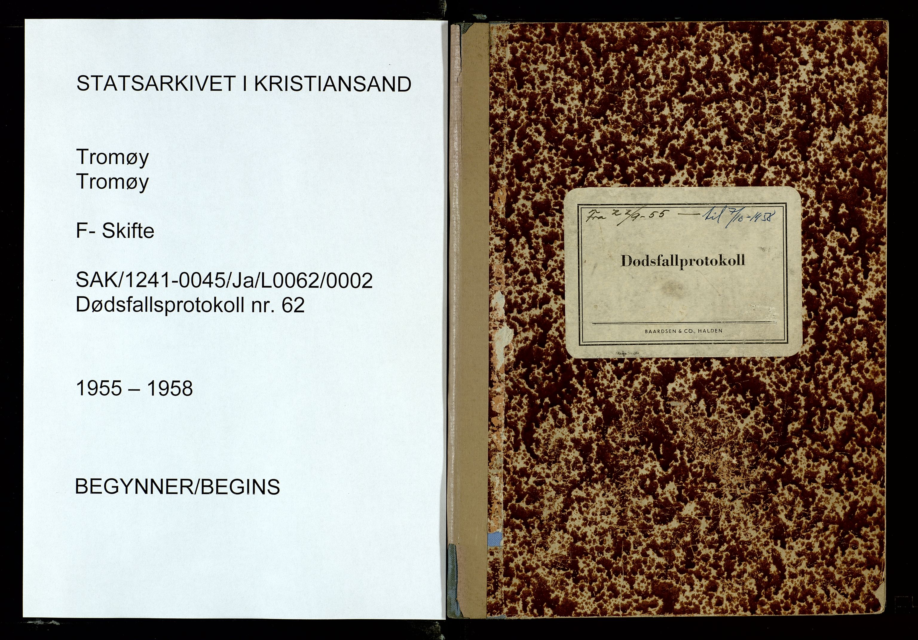 Tromøy lensmannskontor, SAK/1241-0045/Ja/L0062/0002: Dødsfallsprotokoller / Dødsfallsprotokoll, 1955-1958