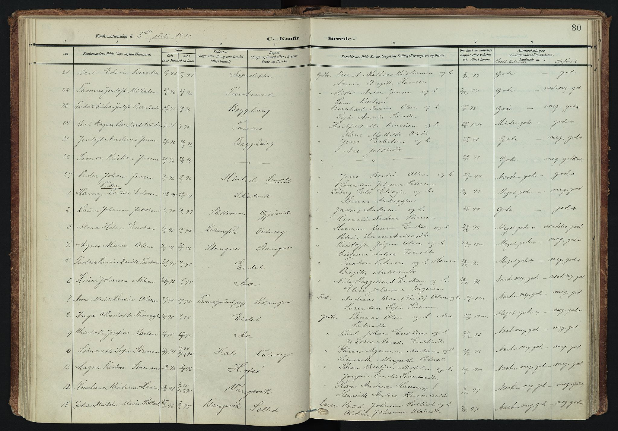 Tranøy sokneprestkontor, SATØ/S-1313/I/Ia/Iaa/L0014kirke: Ministerialbok nr. 14, 1905-1919, s. 80