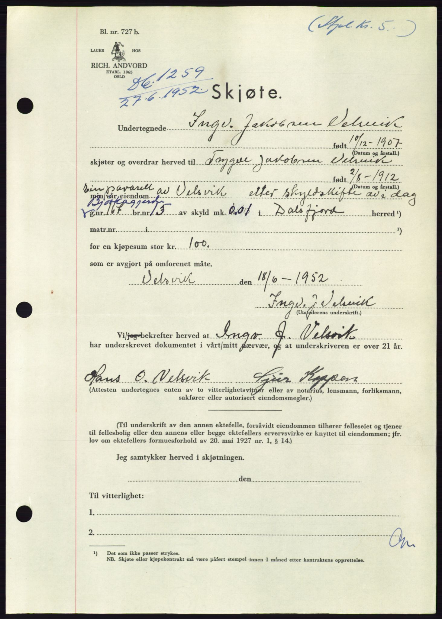 Søre Sunnmøre sorenskriveri, AV/SAT-A-4122/1/2/2C/L0092: Pantebok nr. 18A, 1952-1952, Dagboknr: 1259/1952