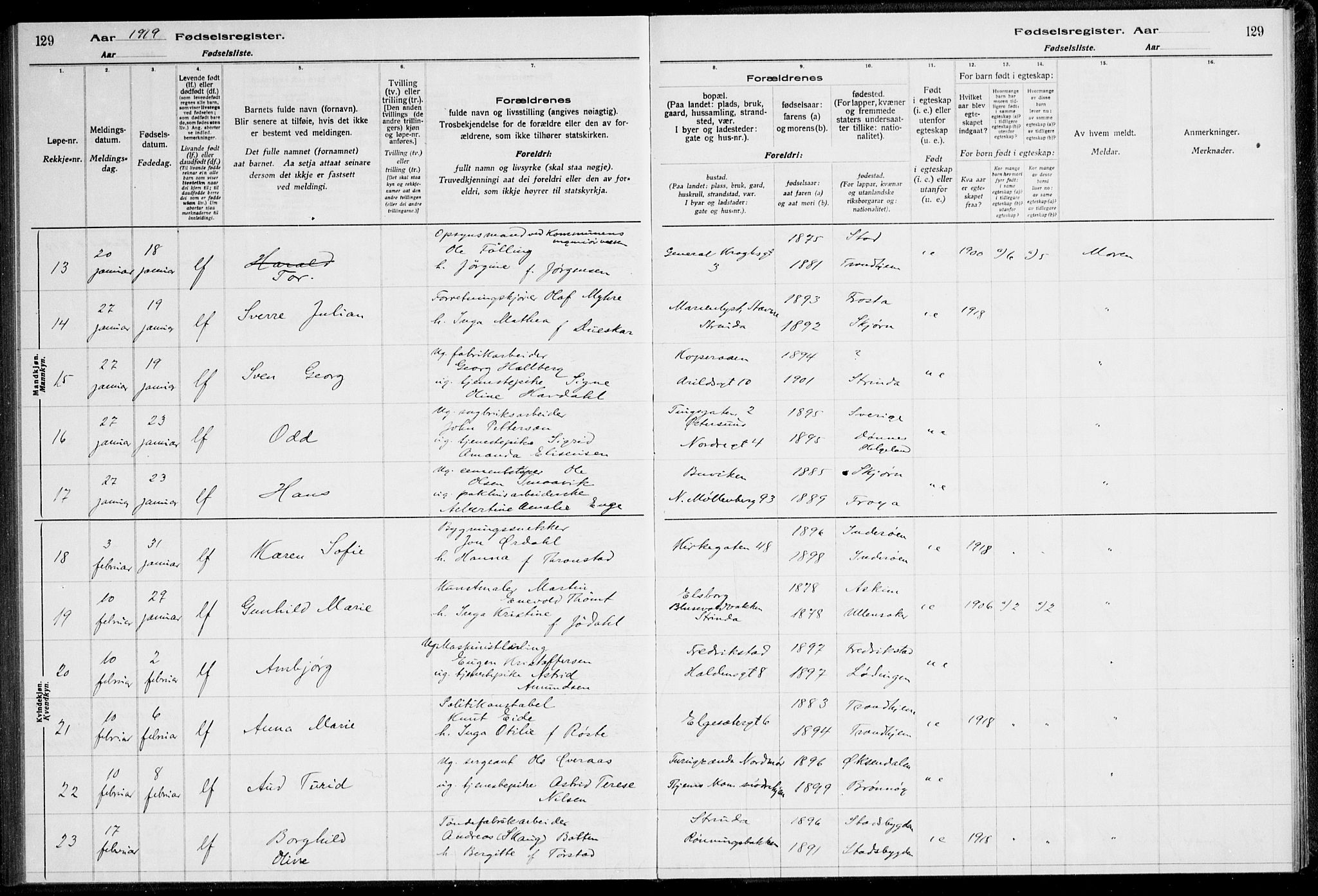 Ministerialprotokoller, klokkerbøker og fødselsregistre - Sør-Trøndelag, AV/SAT-A-1456/600/L0002: Fødselsregister nr. 600.II.4.1, 1916-1920, s. 129