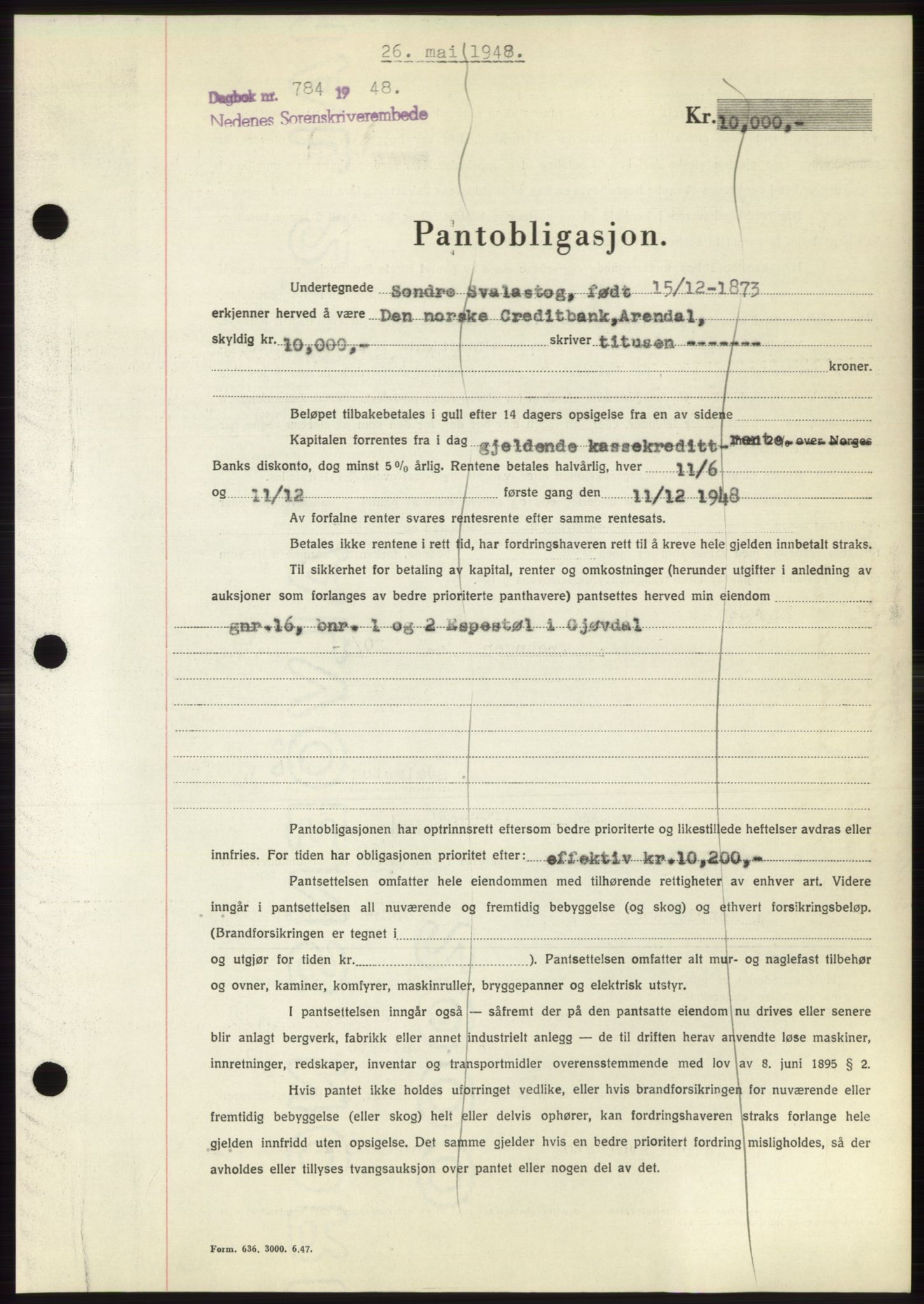 Nedenes sorenskriveri, AV/SAK-1221-0006/G/Gb/Gbb/L0005: Pantebok nr. B5, 1948-1948, Dagboknr: 784/1948