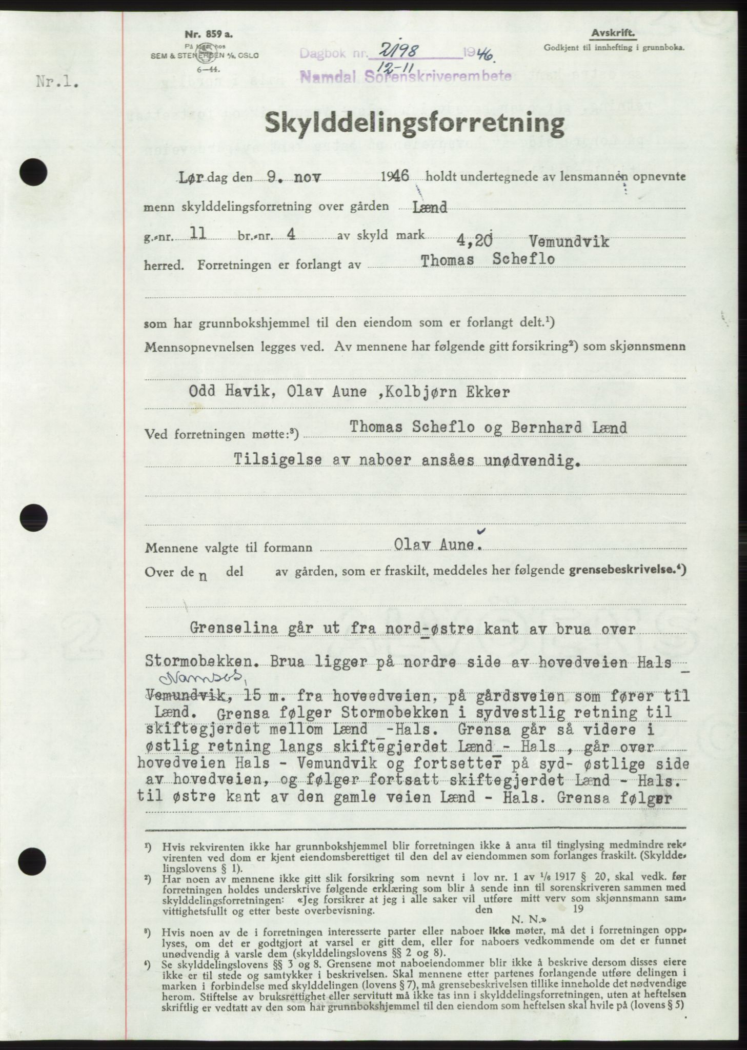 Namdal sorenskriveri, SAT/A-4133/1/2/2C: Pantebok nr. -, 1946-1947, Dagboknr: 2198/1946