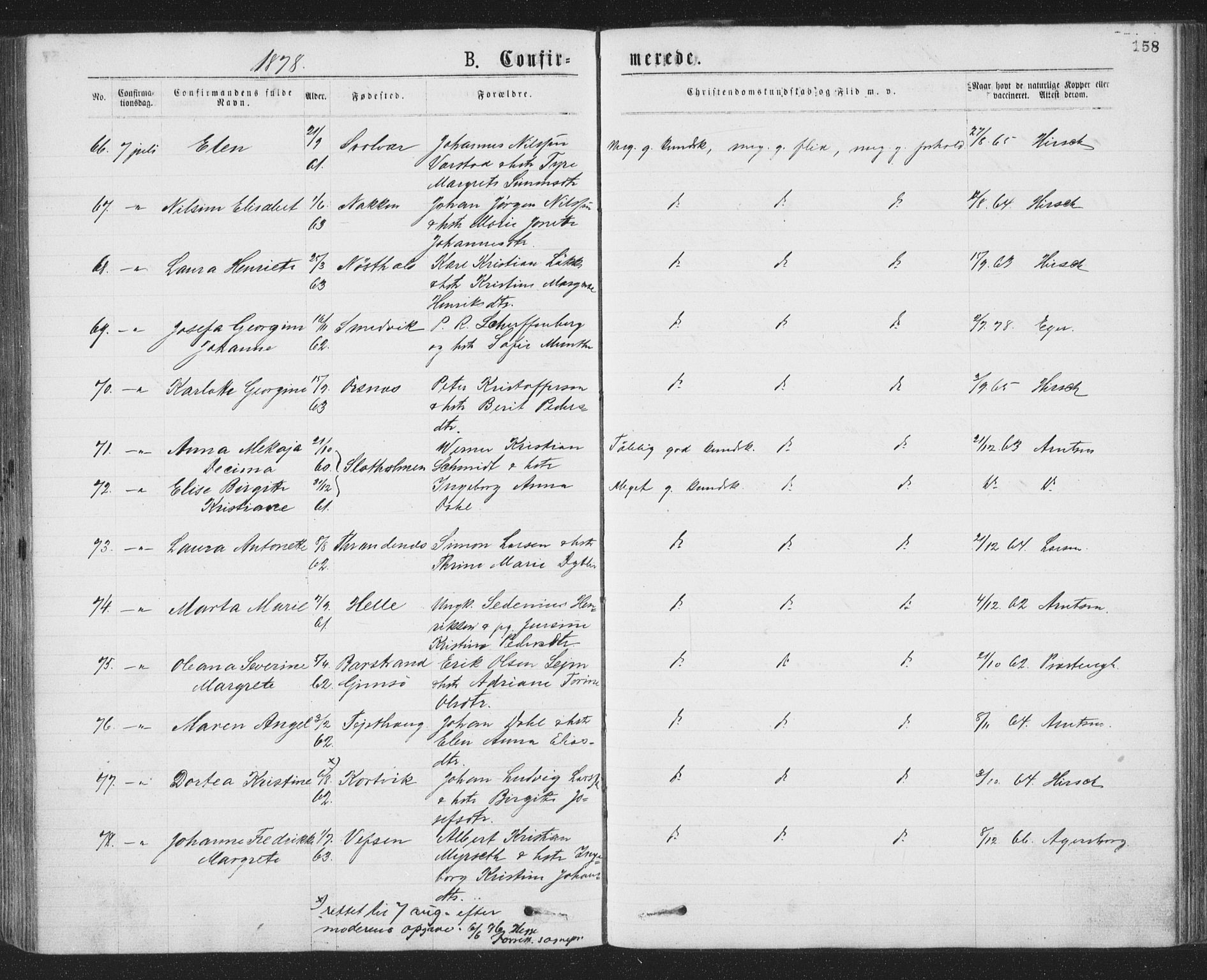 Ministerialprotokoller, klokkerbøker og fødselsregistre - Nordland, AV/SAT-A-1459/874/L1058: Ministerialbok nr. 874A02, 1878-1883, s. 158