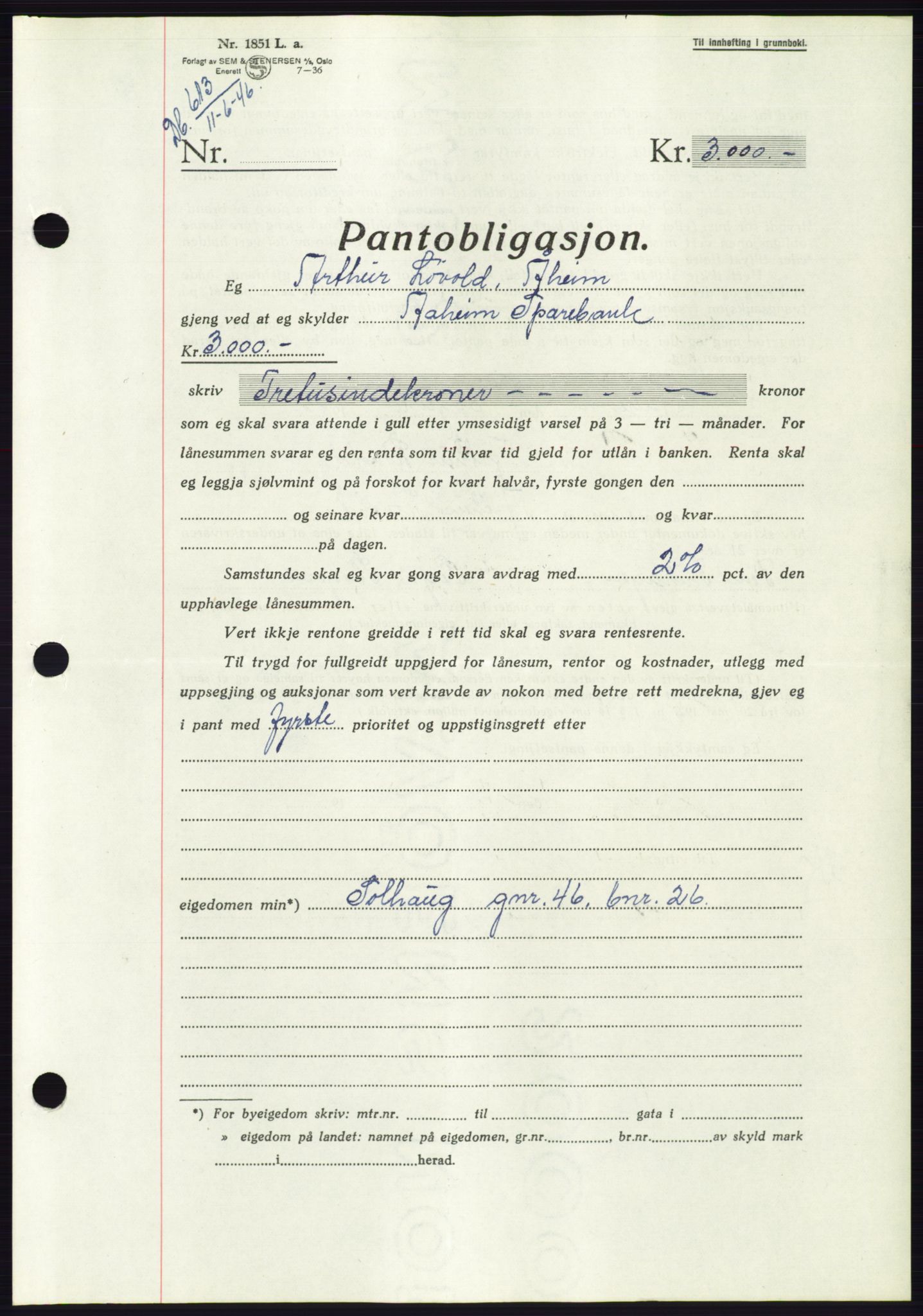 Søre Sunnmøre sorenskriveri, AV/SAT-A-4122/1/2/2C/L0114: Pantebok nr. 1-2B, 1943-1947, Dagboknr: 613/1946