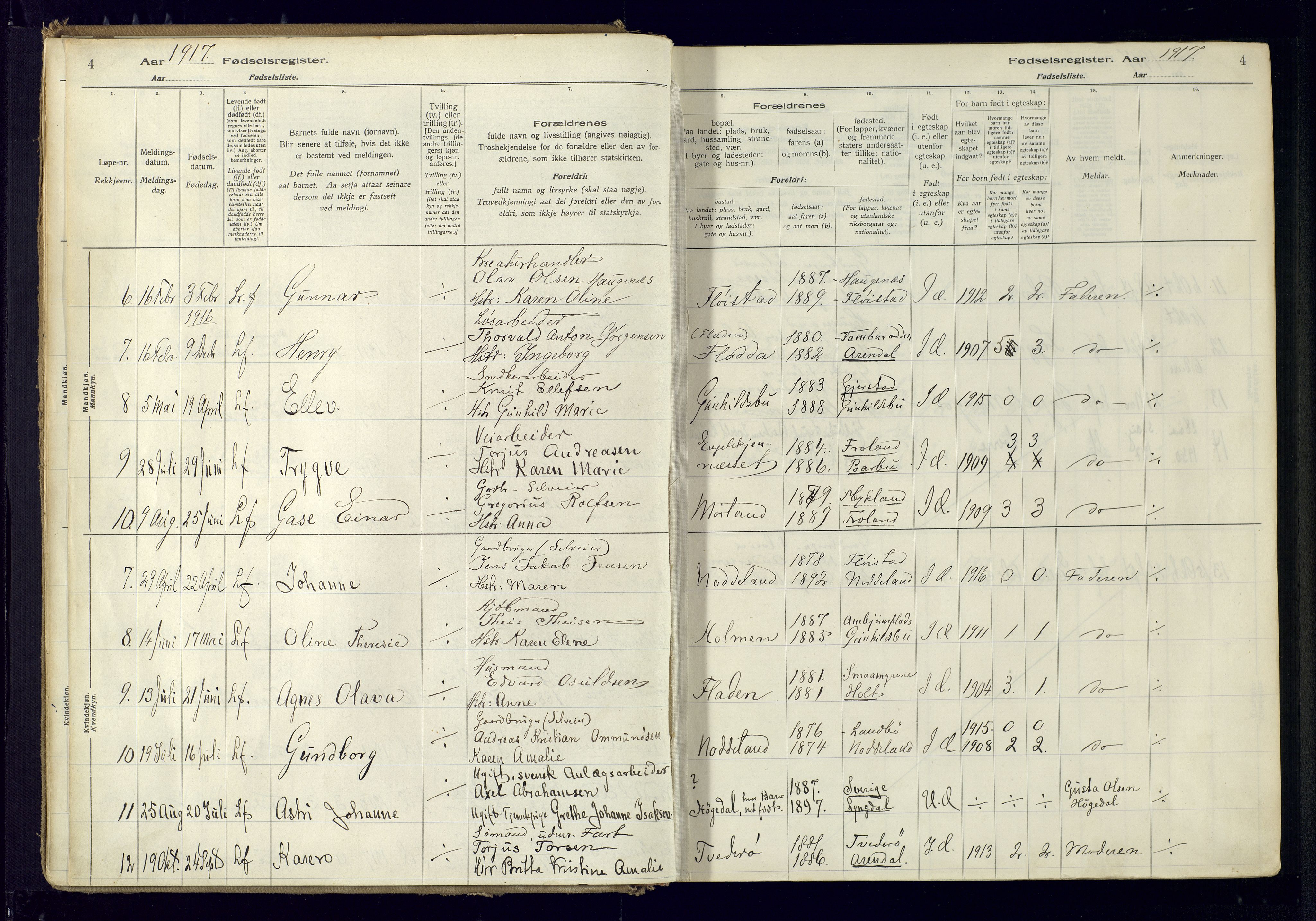 Austre Moland sokneprestkontor, SAK/1111-0001/J/Ja/L0001: Fødselsregister nr. A-VI-25, 1916-1975, s. 4