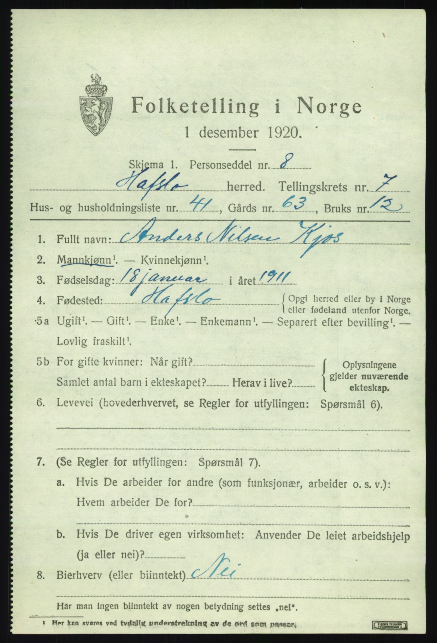 SAB, Folketelling 1920 for 1425 Hafslo herred, 1920, s. 5596