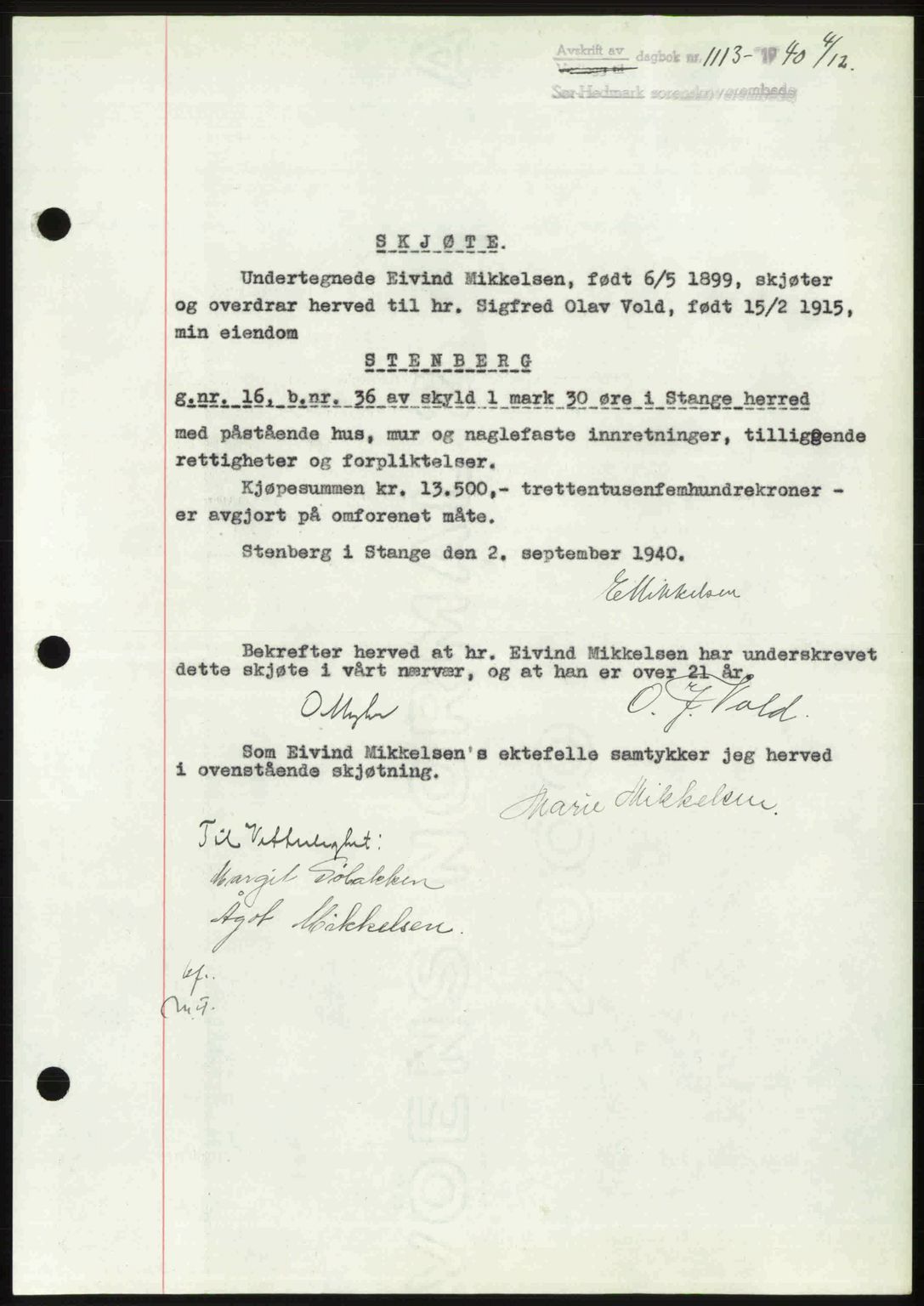 Sør-Hedmark sorenskriveri, AV/SAH-TING-014/H/Hb/Hbd/L0006: Pantebok nr. 6, 1939-1940, Dagboknr: 1113/1940