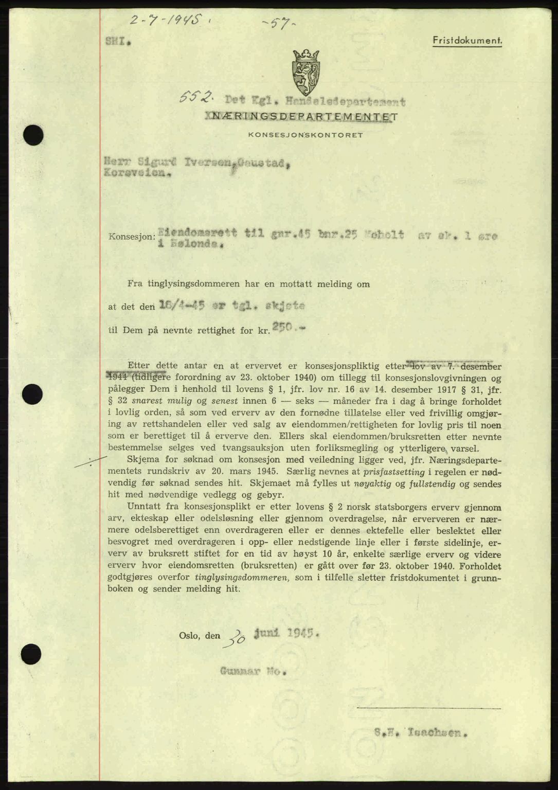 Gauldal sorenskriveri, SAT/A-0014/1/2/2C: Pantebok nr. A1a, 1945-1945, Dagboknr: 552/1945