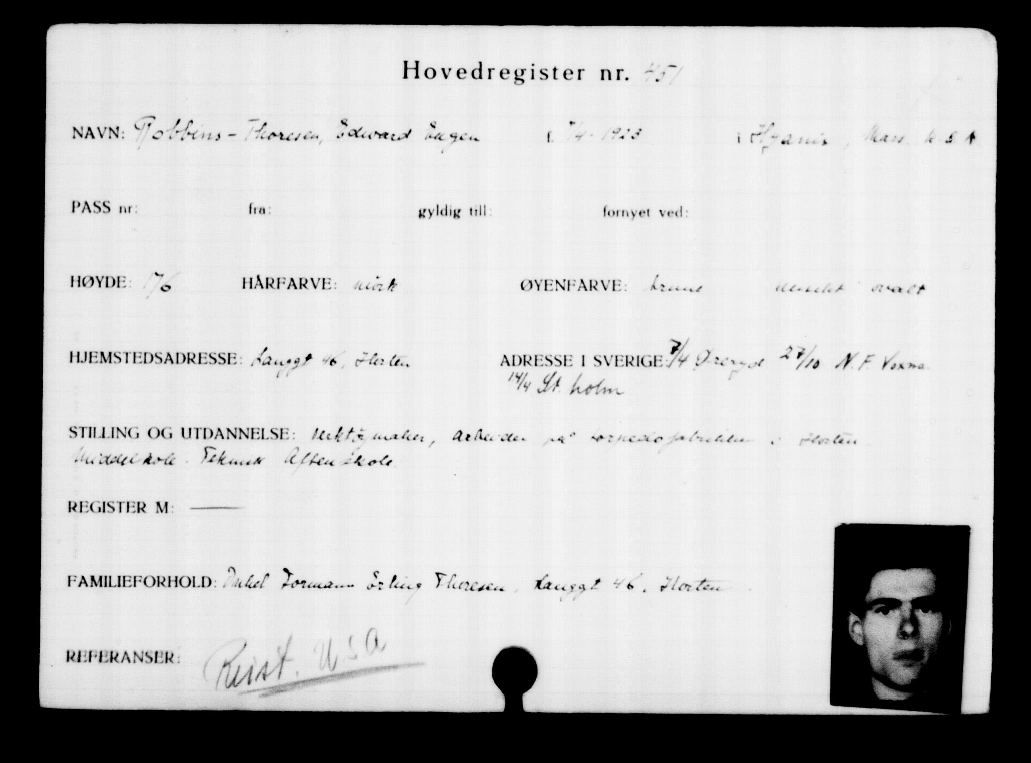 Utenriksstasjonene, Legasjonen i Stockholm, Flyktningkontoret, AV/RA-S-6753/V/Va/L0001: Kjesäterkartoteket, flyktninger med registreringsnr. 1-1000, 1940-1945, s. 701