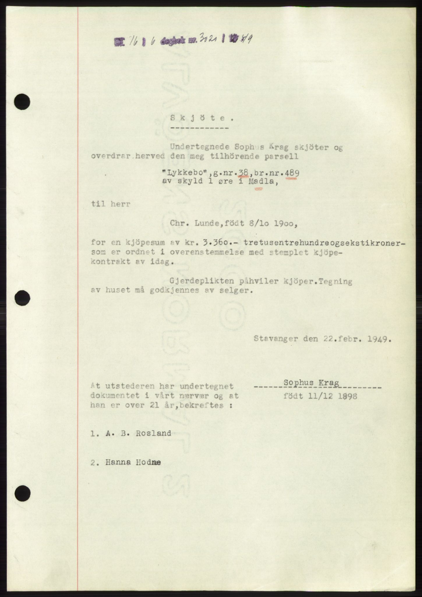 Jæren sorenskriveri, SAST/A-100310/03/G/Gba/L0103: Pantebok, 1949-1949, Dagboknr: 3020/1949
