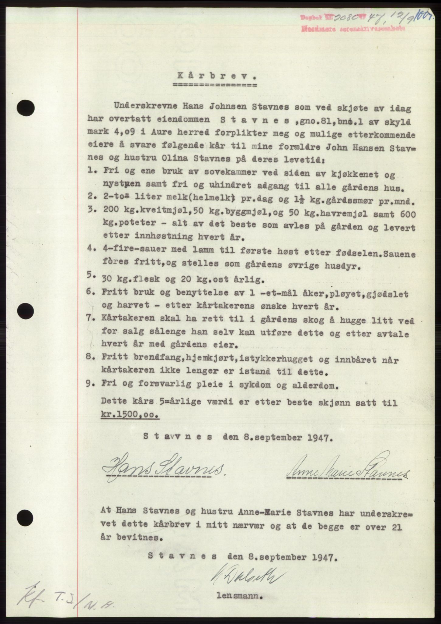 Nordmøre sorenskriveri, SAT/A-4132/1/2/2Ca: Pantebok nr. B96, 1947-1947, Dagboknr: 2080/1947