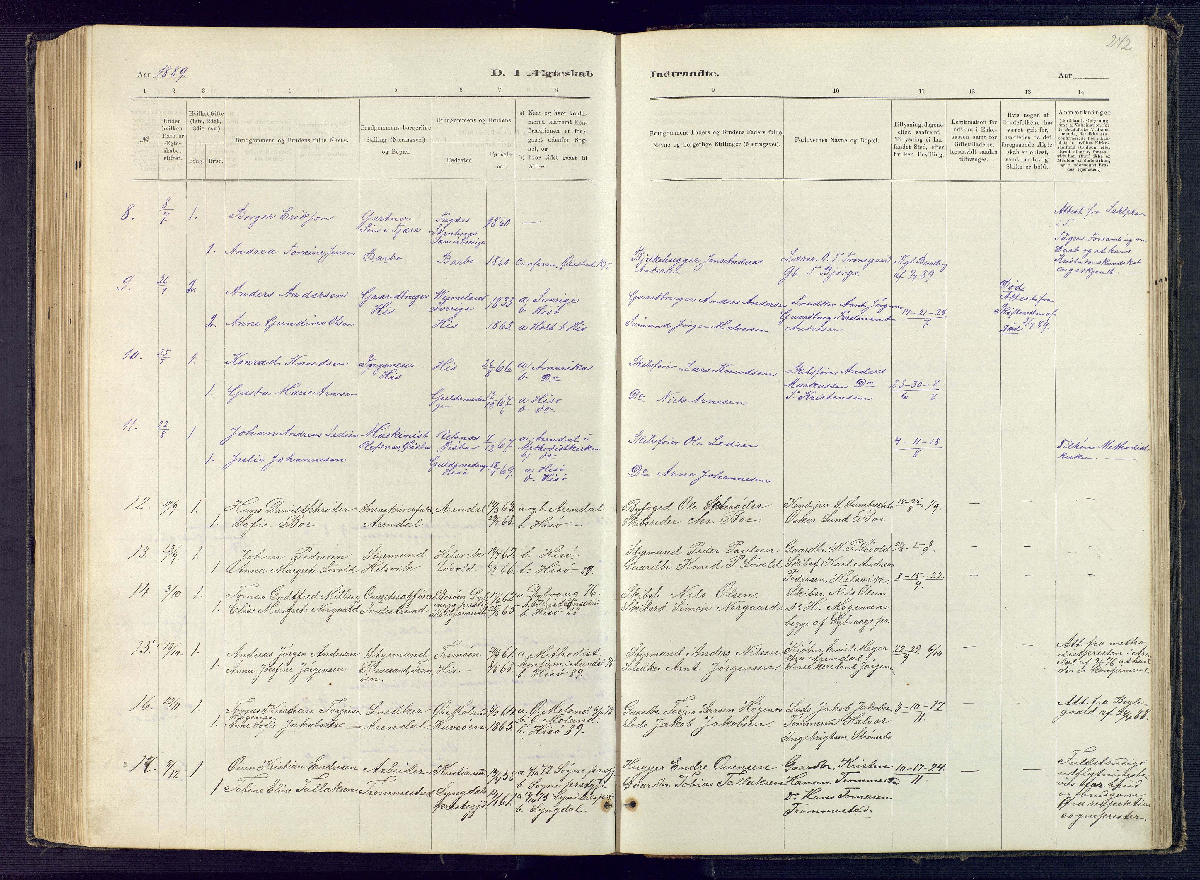 Hisøy sokneprestkontor, SAK/1111-0020/F/Fb/L0003: Klokkerbok nr. B 3, 1885-1905, s. 242