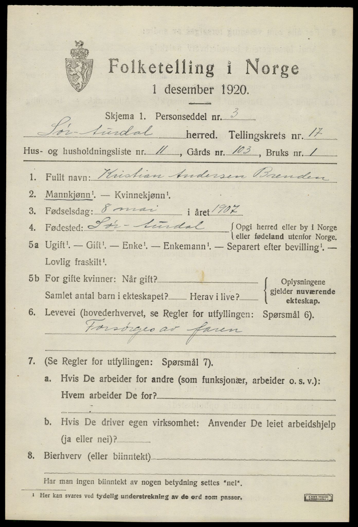 SAH, Folketelling 1920 for 0540 Sør-Aurdal herred, 1920, s. 9945