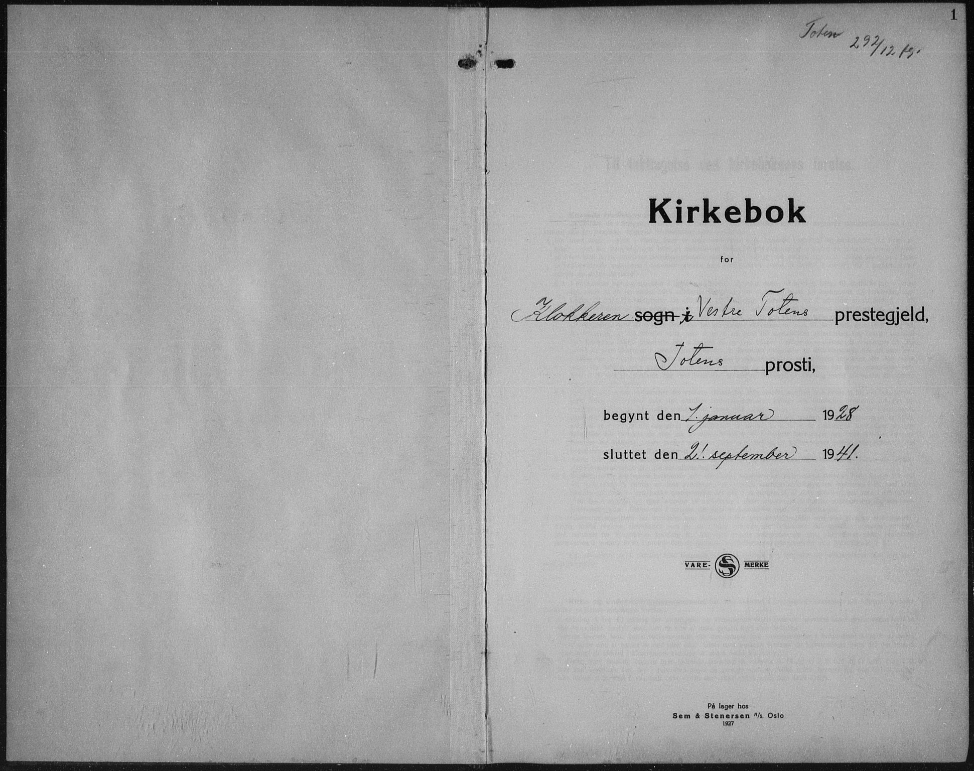 Vestre Toten prestekontor, SAH/PREST-108/H/Ha/Hab/L0018: Klokkerbok nr. 18, 1928-1941, s. 1